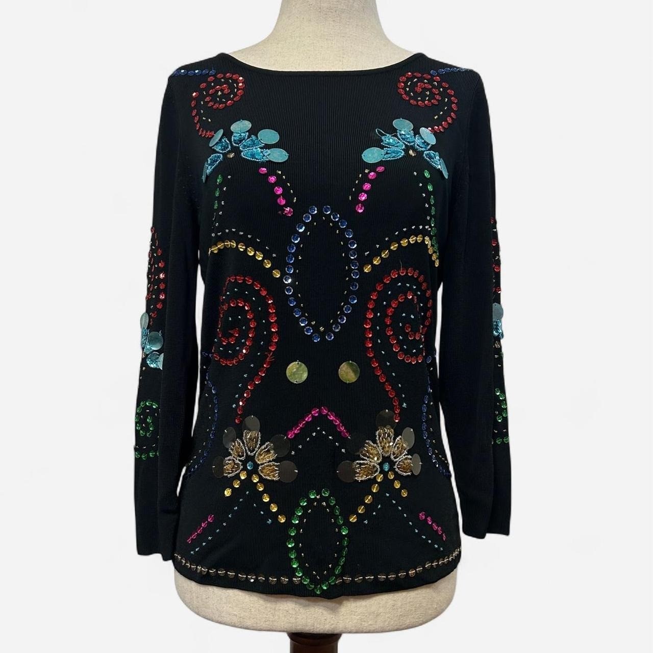 Vintage Sequin Embellished Long Sleeve Statement Top Womens S Art Deco Y2K Glam