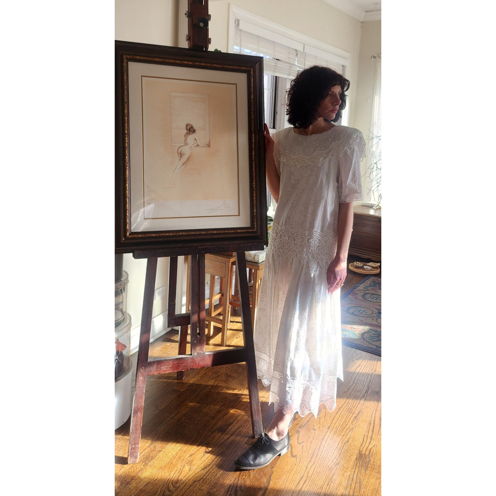 Vintage 1980s Scott McClintock White Lace Dress Drop Waist Puffed Sleeves NWT