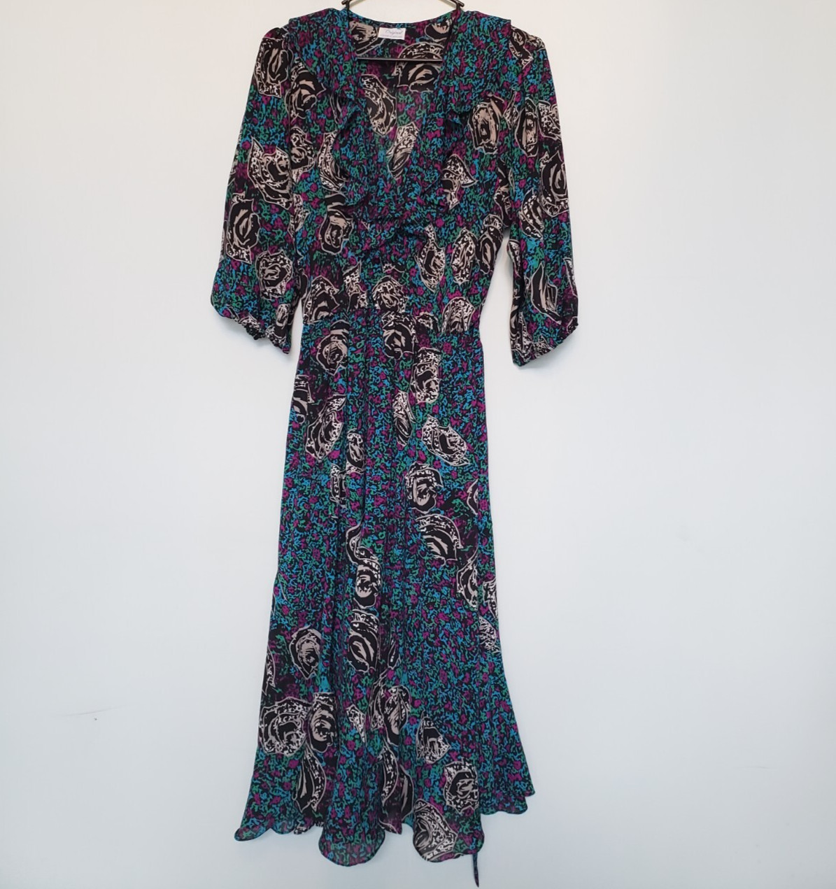 VTG Lorac Original Lady Carol Womens Midi Dress Floral Semi Sheer Ruffle V Neck