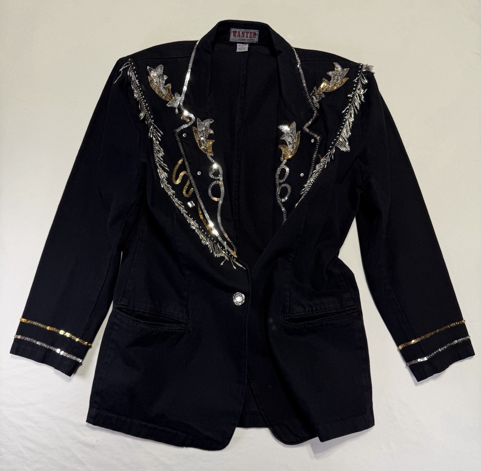 Wanted Beads Beautiful Western Blazer Jacket L Black Sequin Fringe USA