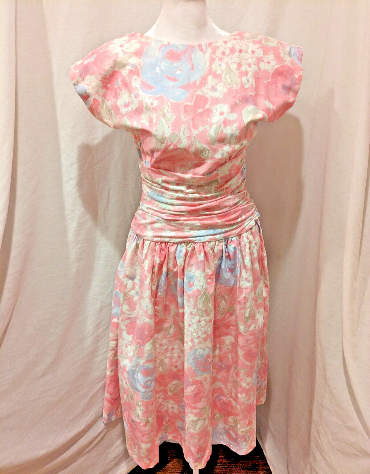Vintage Patty O’Neil Pastel Floral Cotton Midi Dress Cinch Waist Women Sz 10 Bow