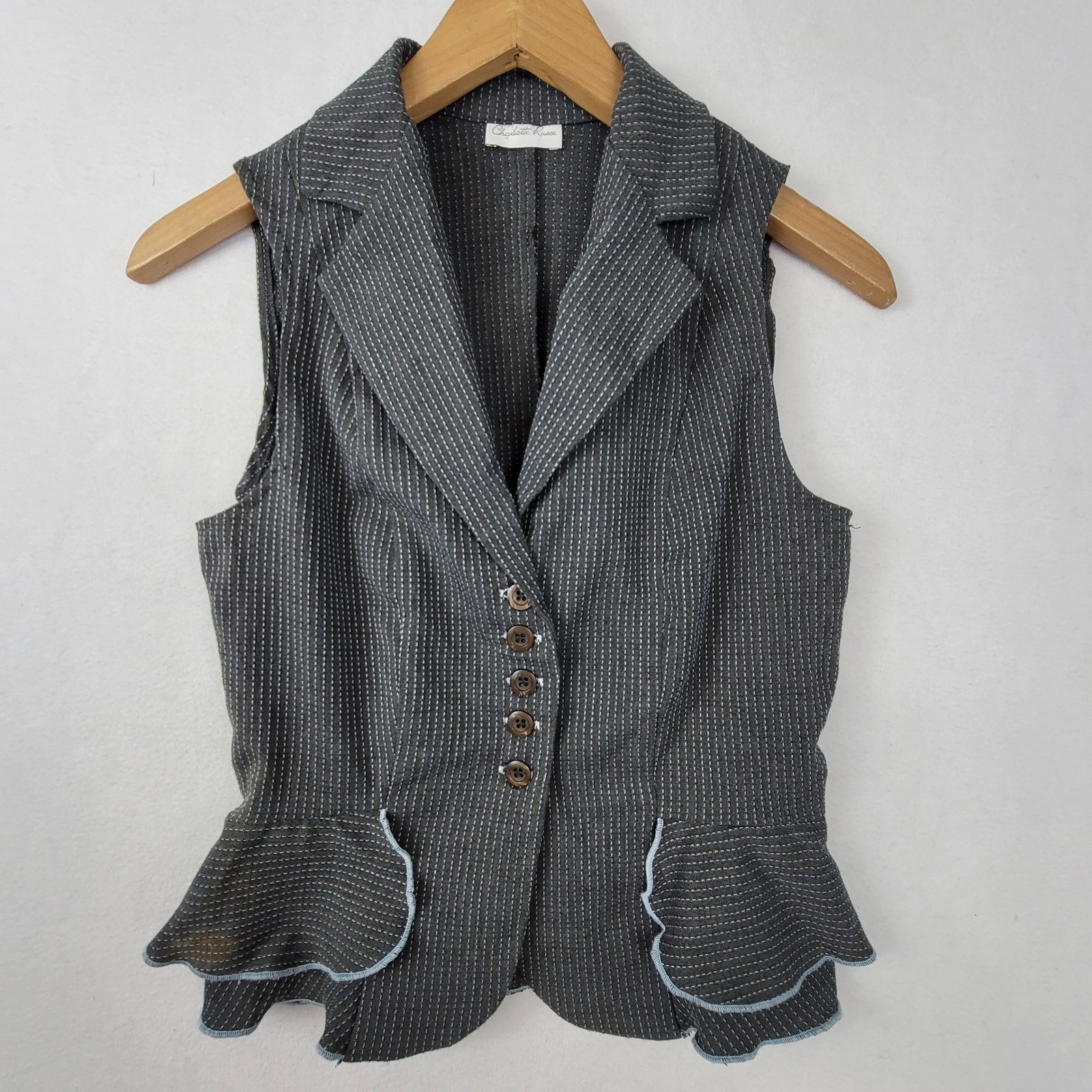 Charlotte Russe Womens Vintage Gray Pinstripe Peplum Vest Sleeveless Blazer Med