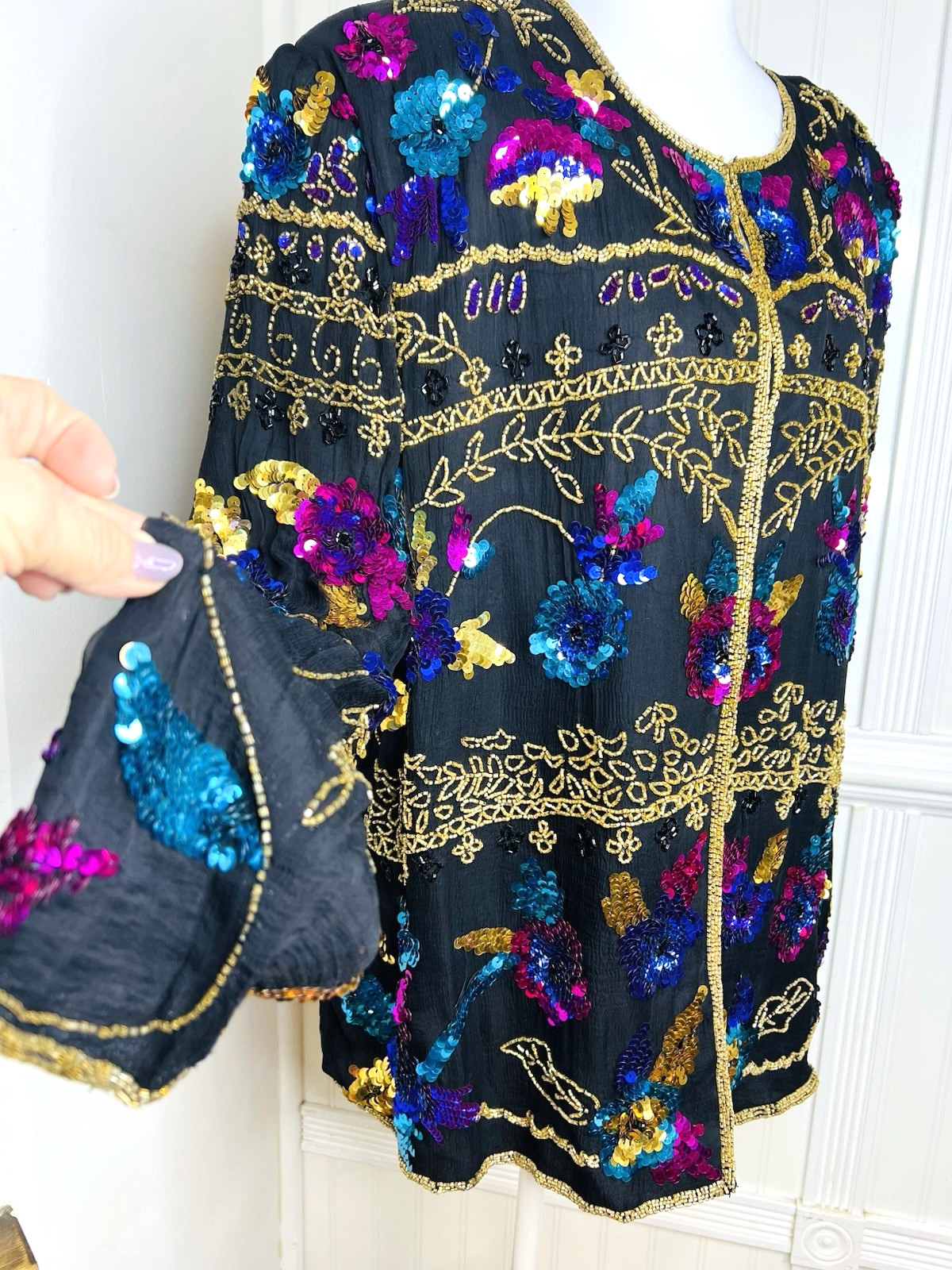 Vtg Drapers & Damons 1X Silk Colorful Sequins Beads Jacket Cardigan Plus Formal