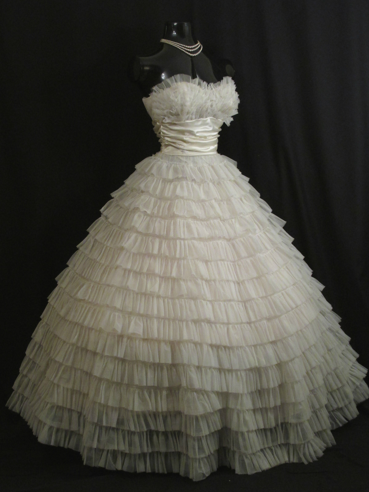 Vintage 1950’s 50s STRAPLESS White Chiffon Taffeta Prom Party Wedding Dress Gown