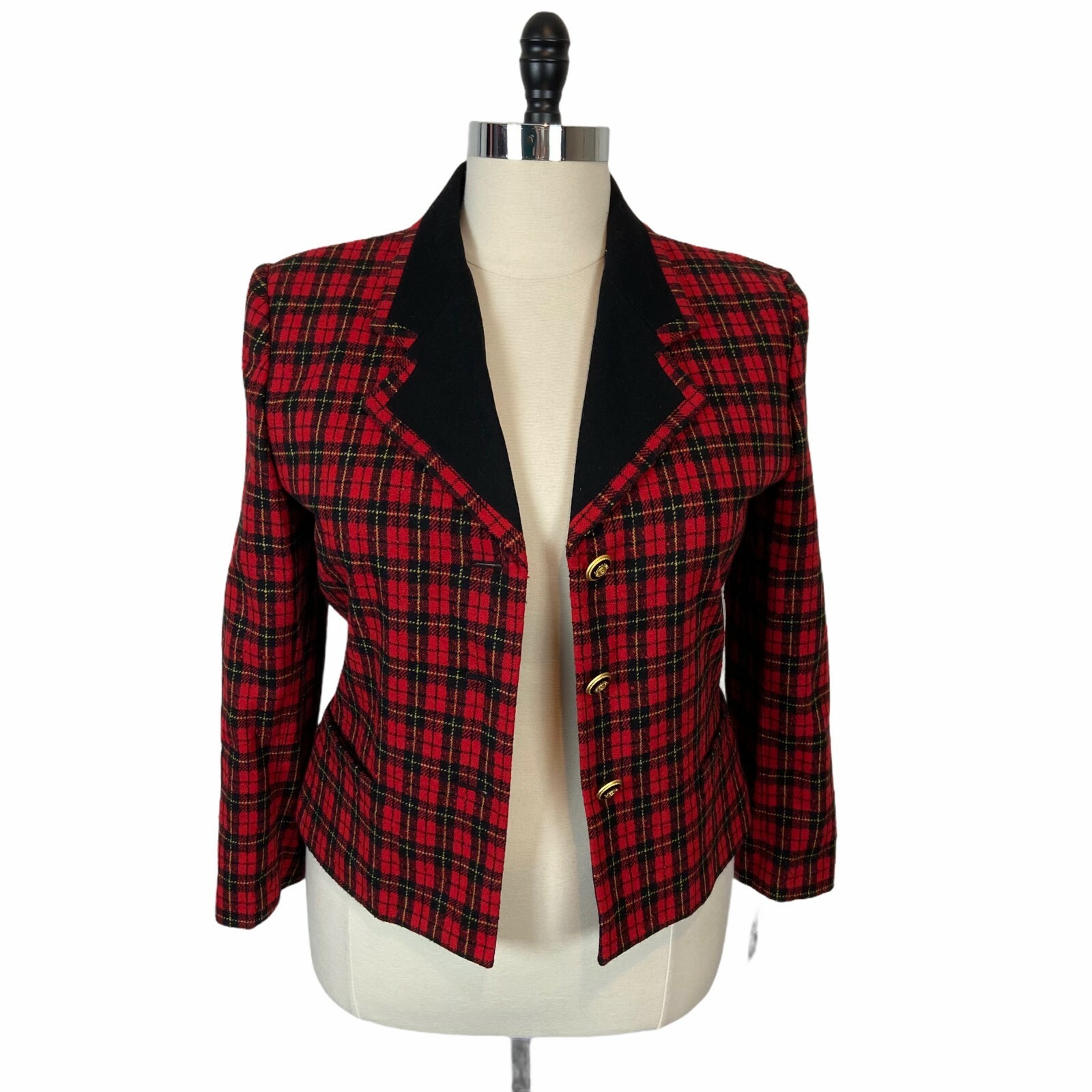 Le Suit Blazer Jacket Womens Sz 14 Red Black Plaid Long Sleeves Collared New