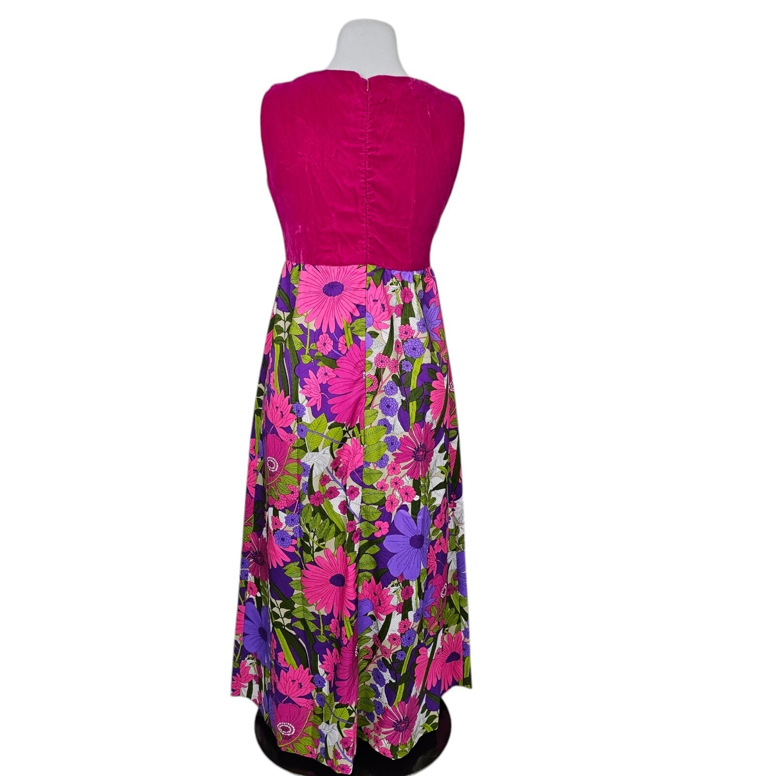 Vintage 70s Floral Maxi Dress Pink Purple Green Empire Waist Sleeveless Boho