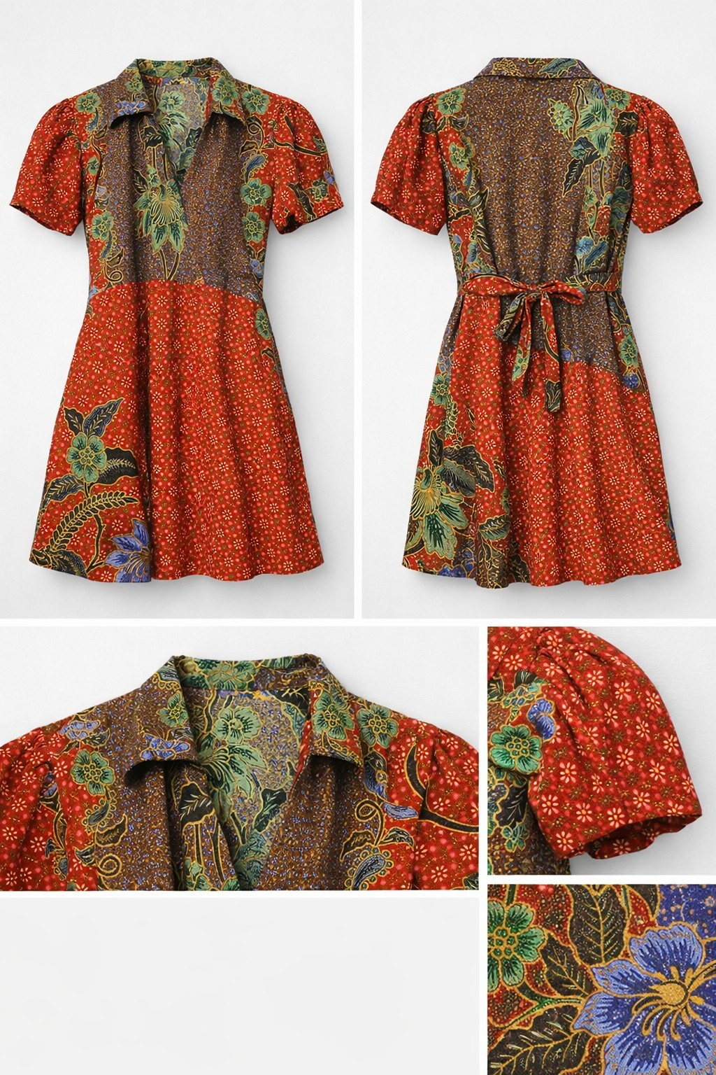 Vintage Batik Floral Dress Artisan Boho Cotton Mixed Print Bali Style S/M