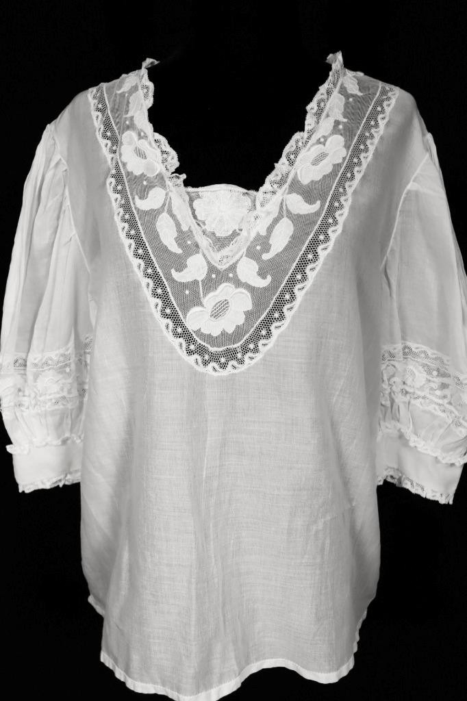Antique French 1920’s-1930’s White Cotton Blouse With Lace Trim Size L Exc Cond