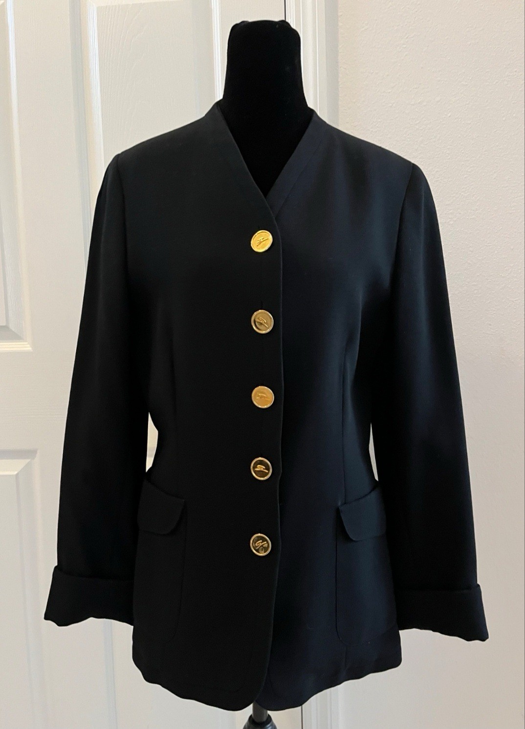 Vintage GENNY Black Wool Jacket With Gold Buttons, Signed, Italian Size 42