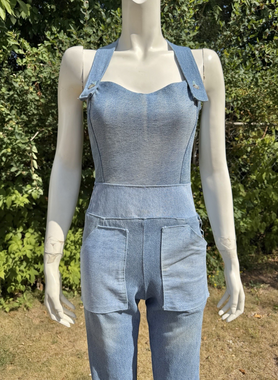 Vintage DENIM JUMPSUIT Patchwork 1980s 90s does 1940s Bib Overalls Distressed XS