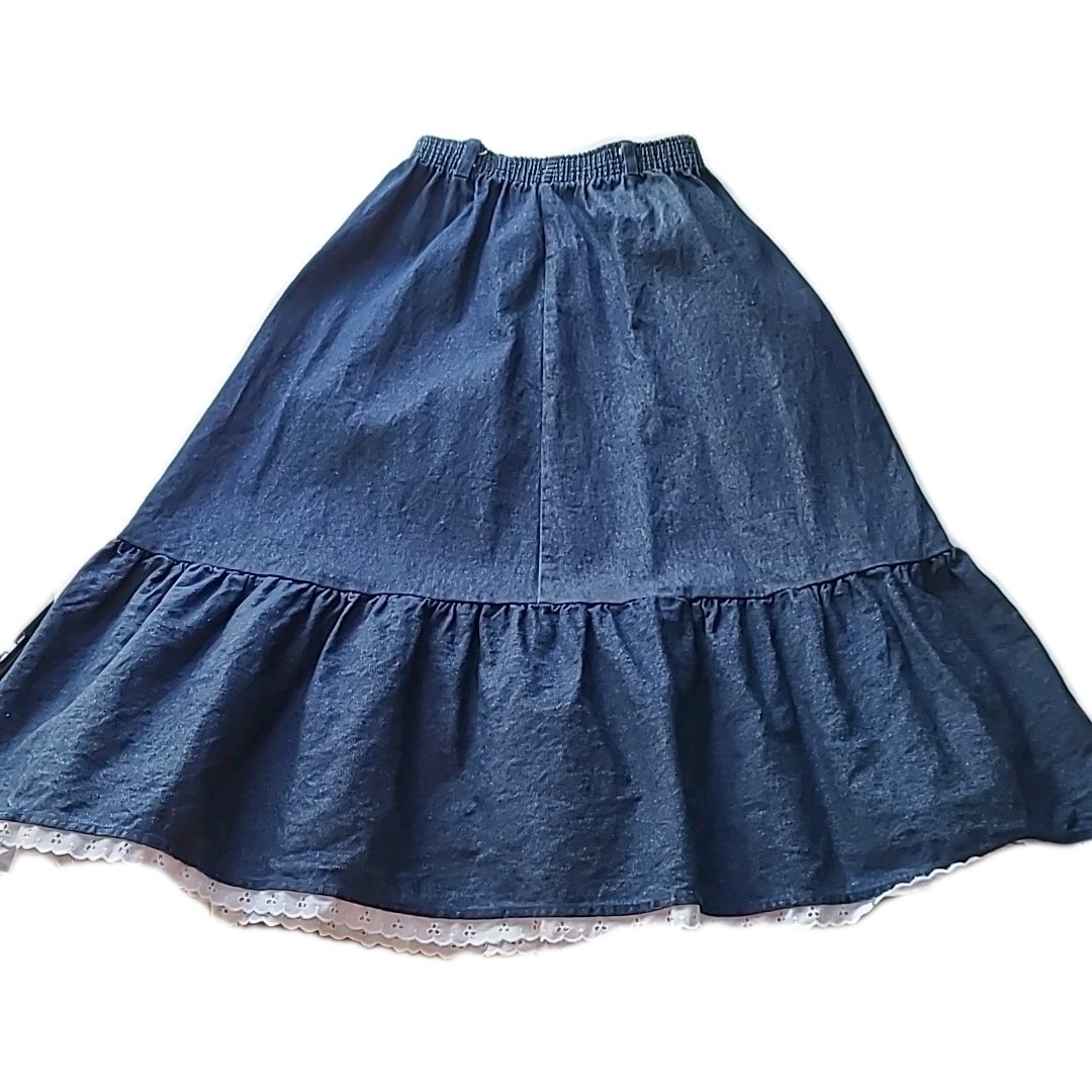 Vintage 70s Denim Full Maxi Skirt M Blue Jean Elastic Waist Ruffle Eyelet Trim