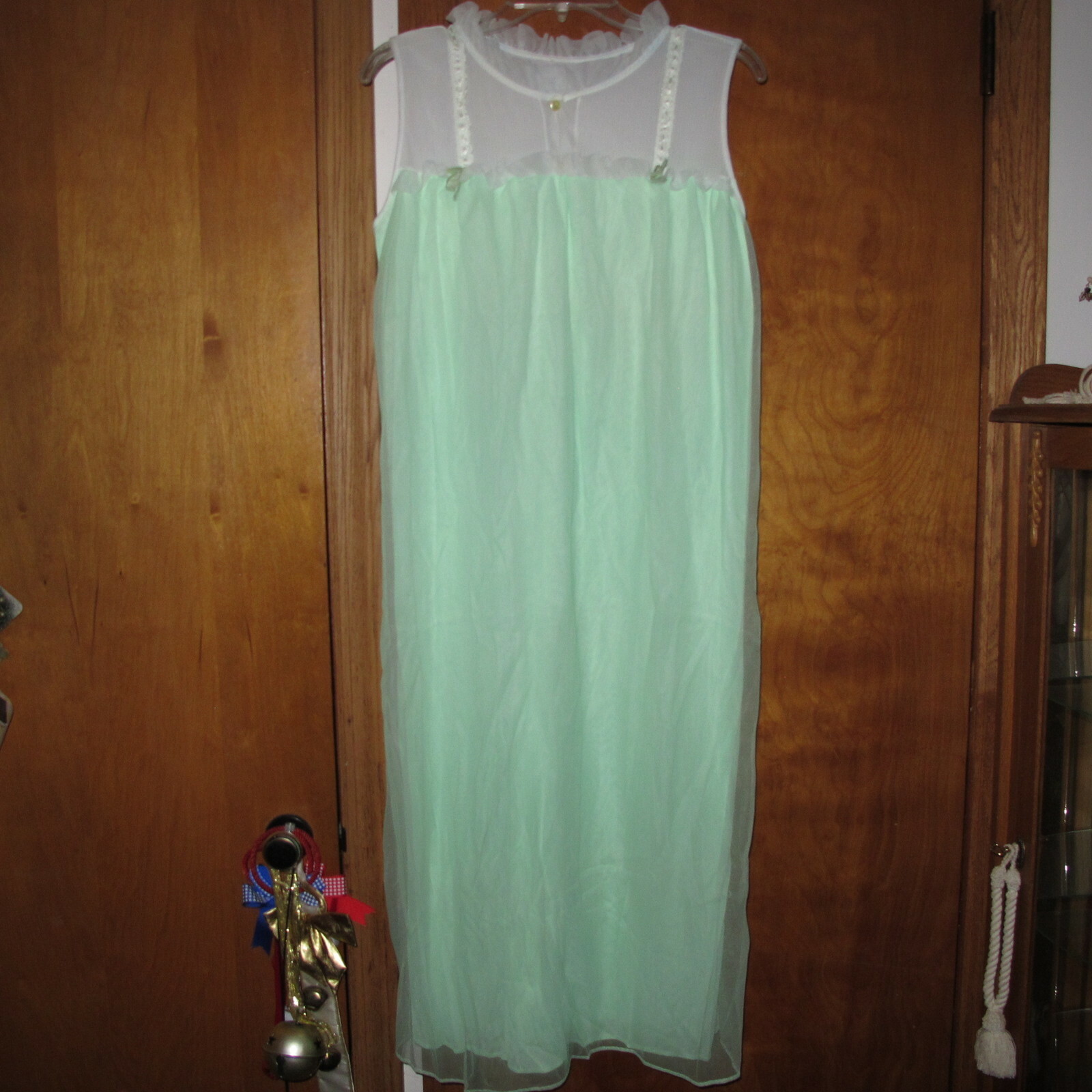 Vintage 1950s Belinda Green White Lace Nightgown Negligee Sheer Sleepware M / L