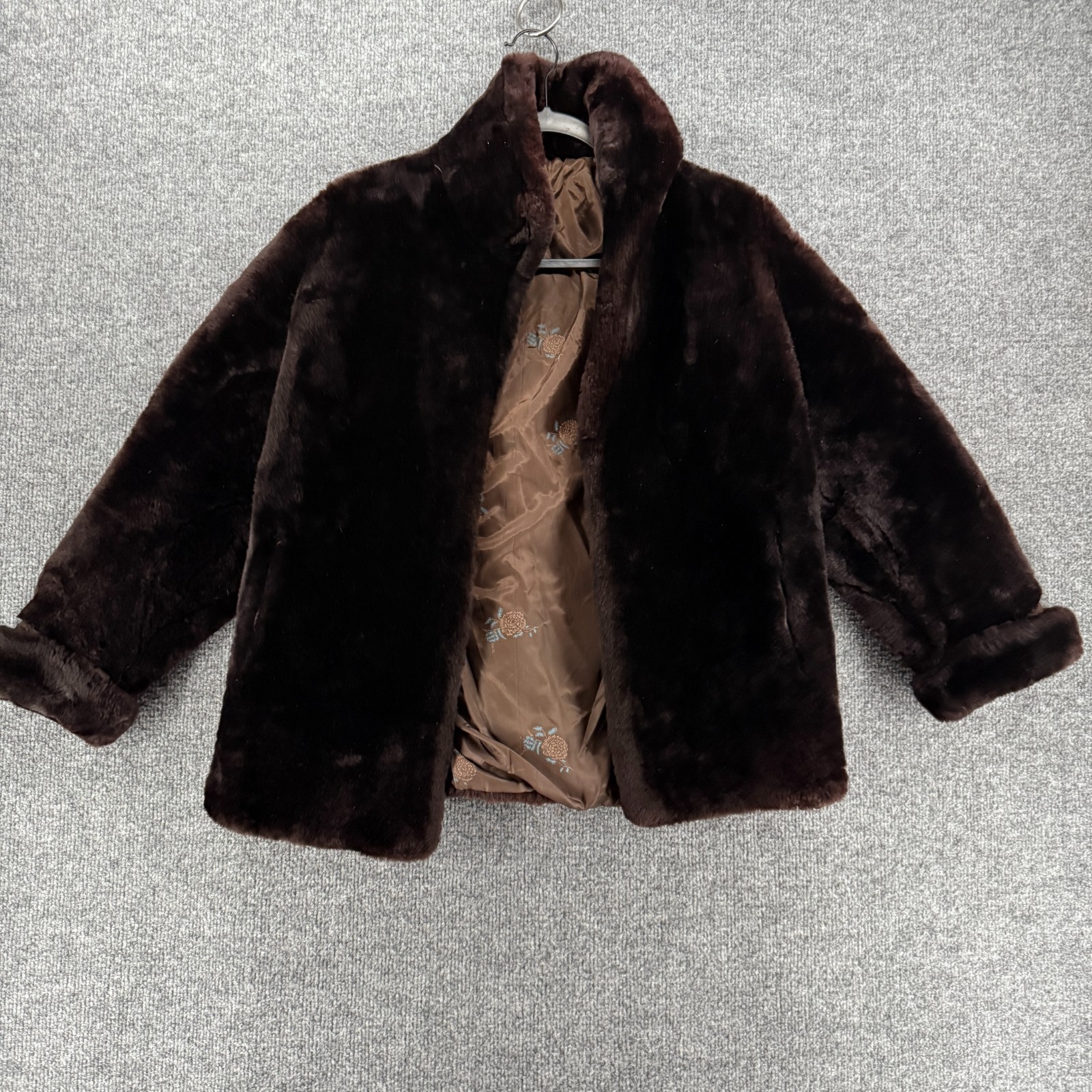 Vintage Chocolate Brown Fur Jacket Union Label Floral Lined Crop Coat Womens S