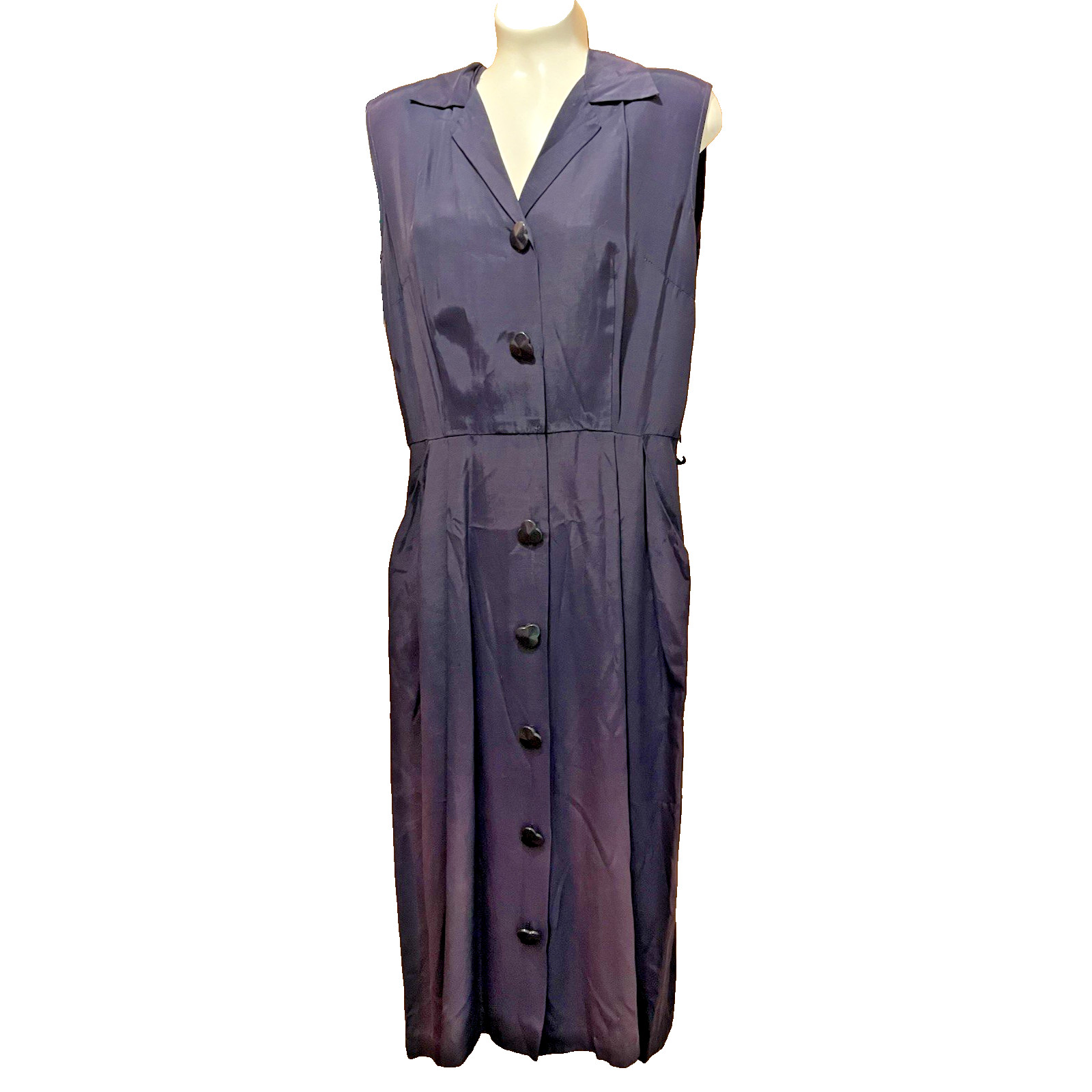 1950s Dark Blue Elegant Sleeveless Collared Button Down Dress Needs TLC