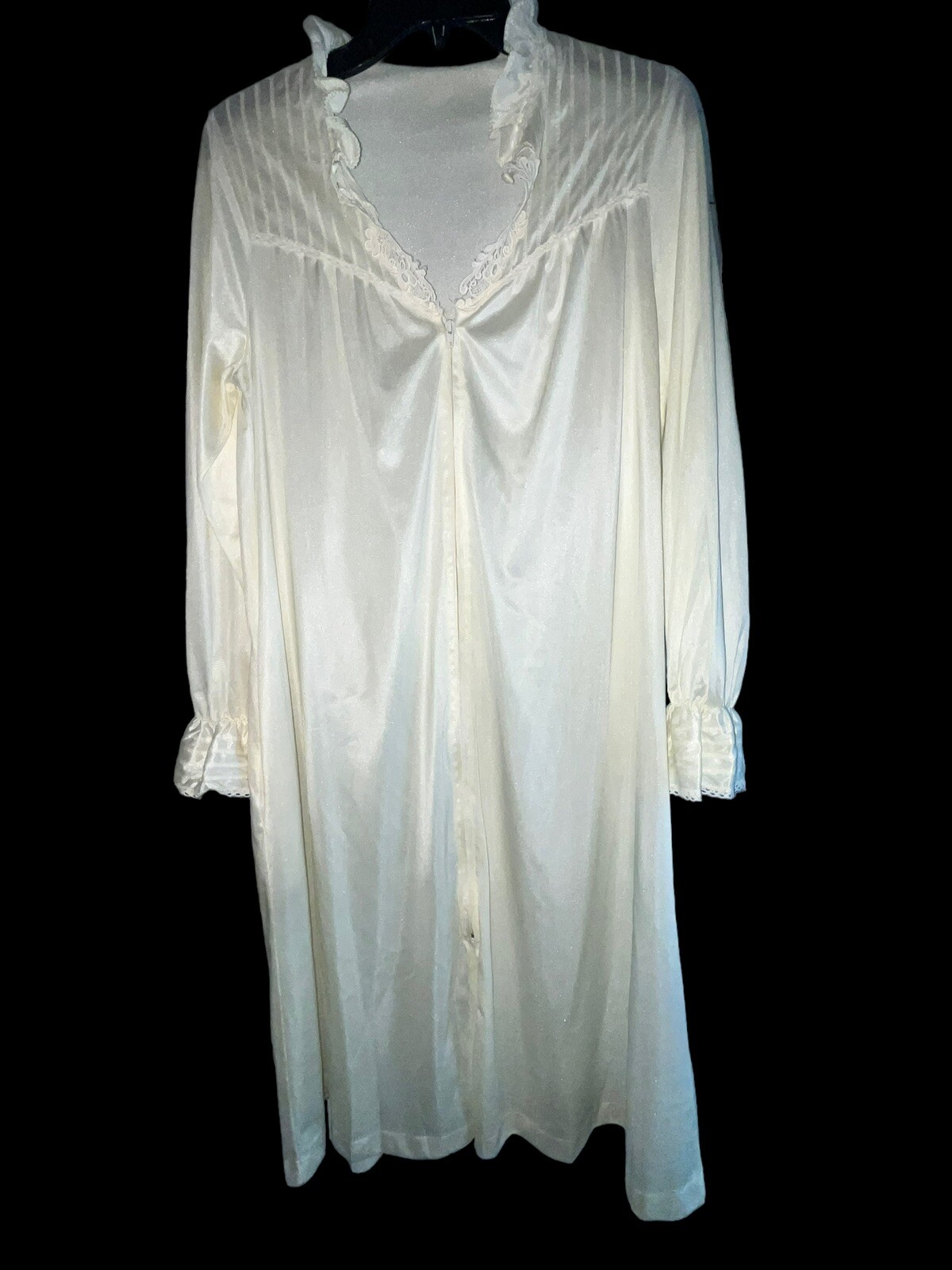 1980s Gossard Artemis Satin Nightgown Robe Full Zip Size M Ivory Sexy Neckline