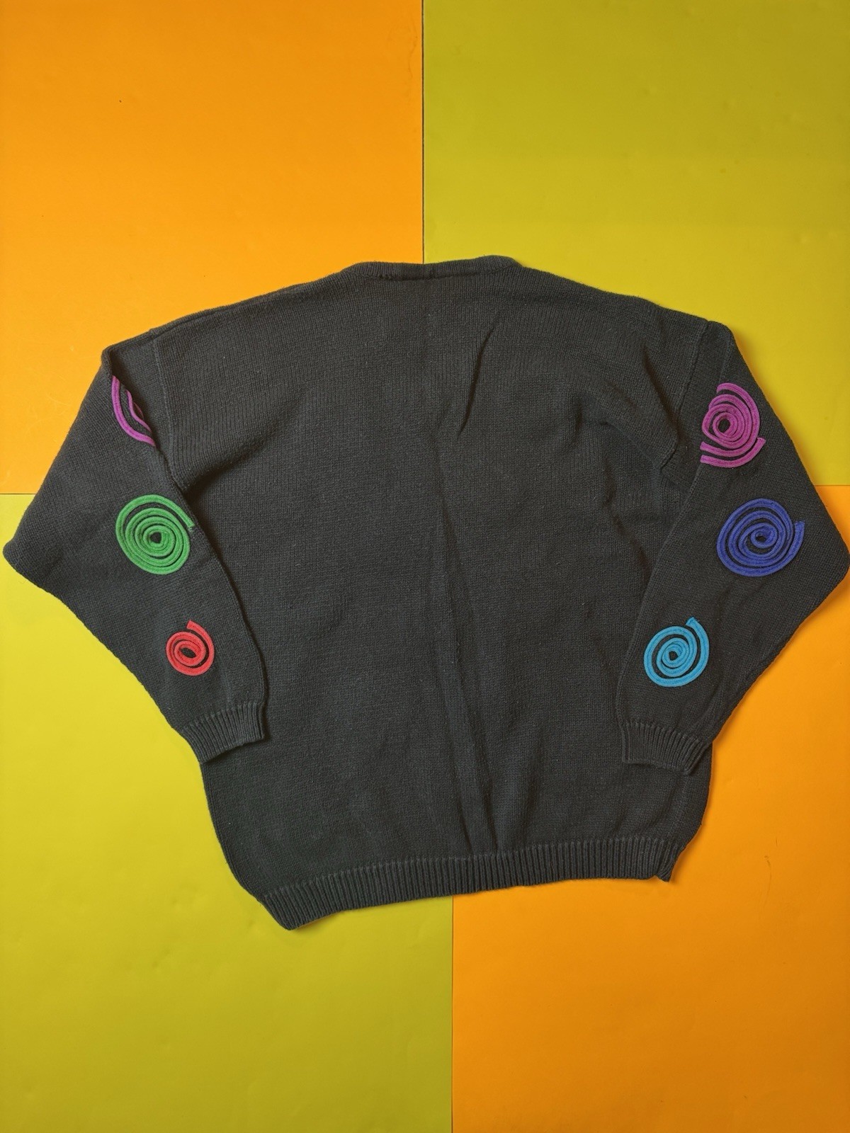 Vintage 80s Swirl Knit Sweater Womens Large Unique Design Colorful Black Unique