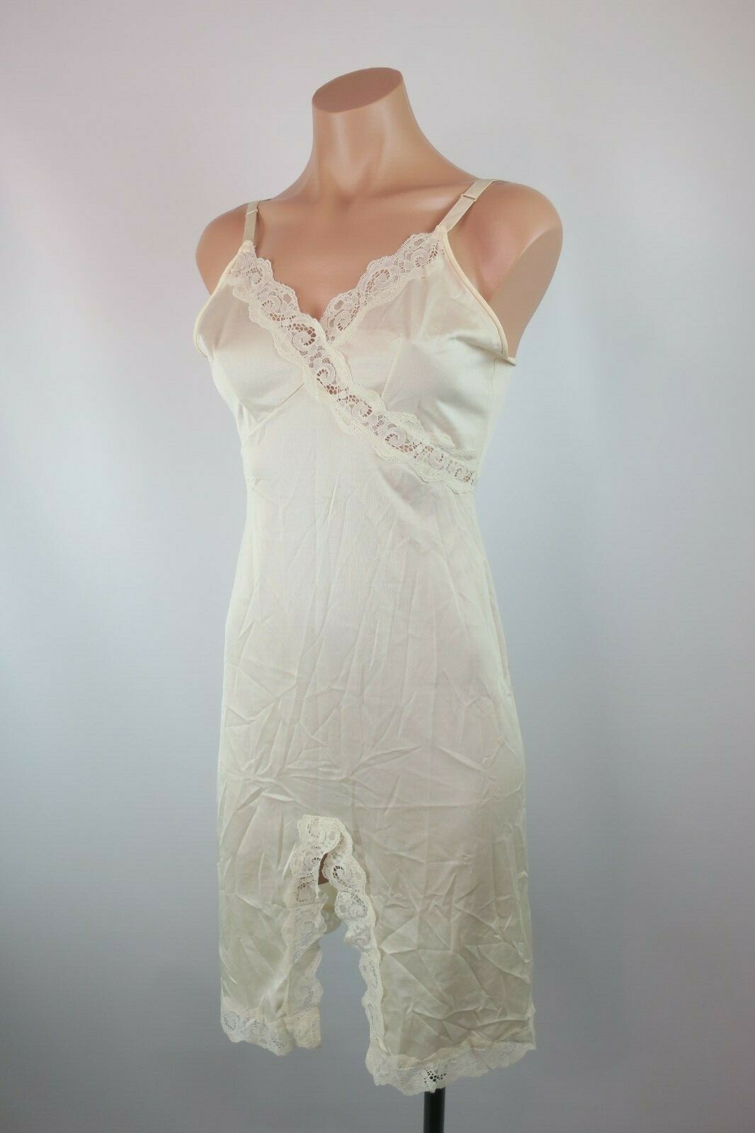 VTG 80s Night Gown French Alencon Lace Texsheen Full Slip Lingerie sz 34 Nude