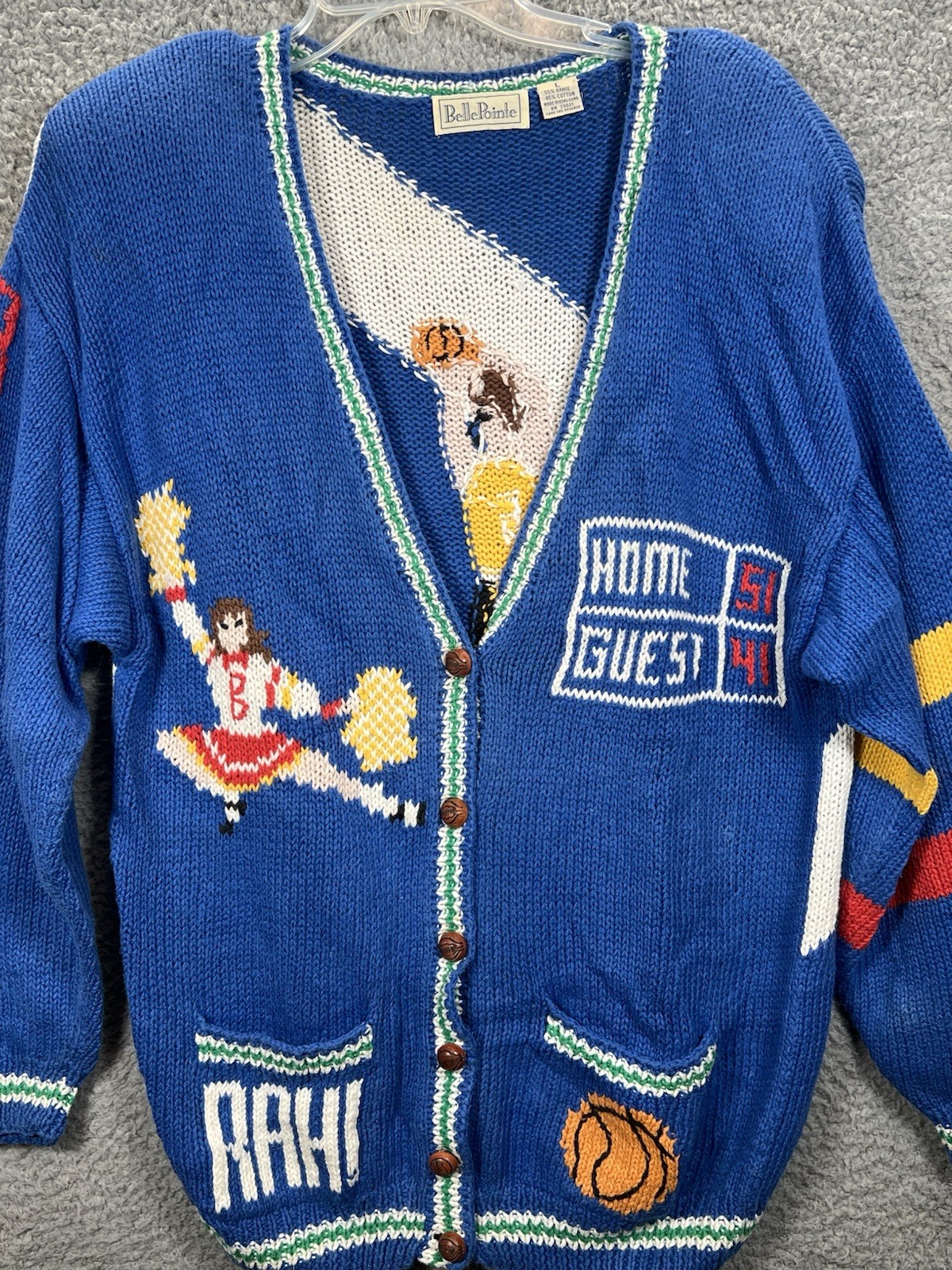 Vtg Belle Pointe Sz Large Basketball Cheer Cardigan Grandma Sweater Teacher