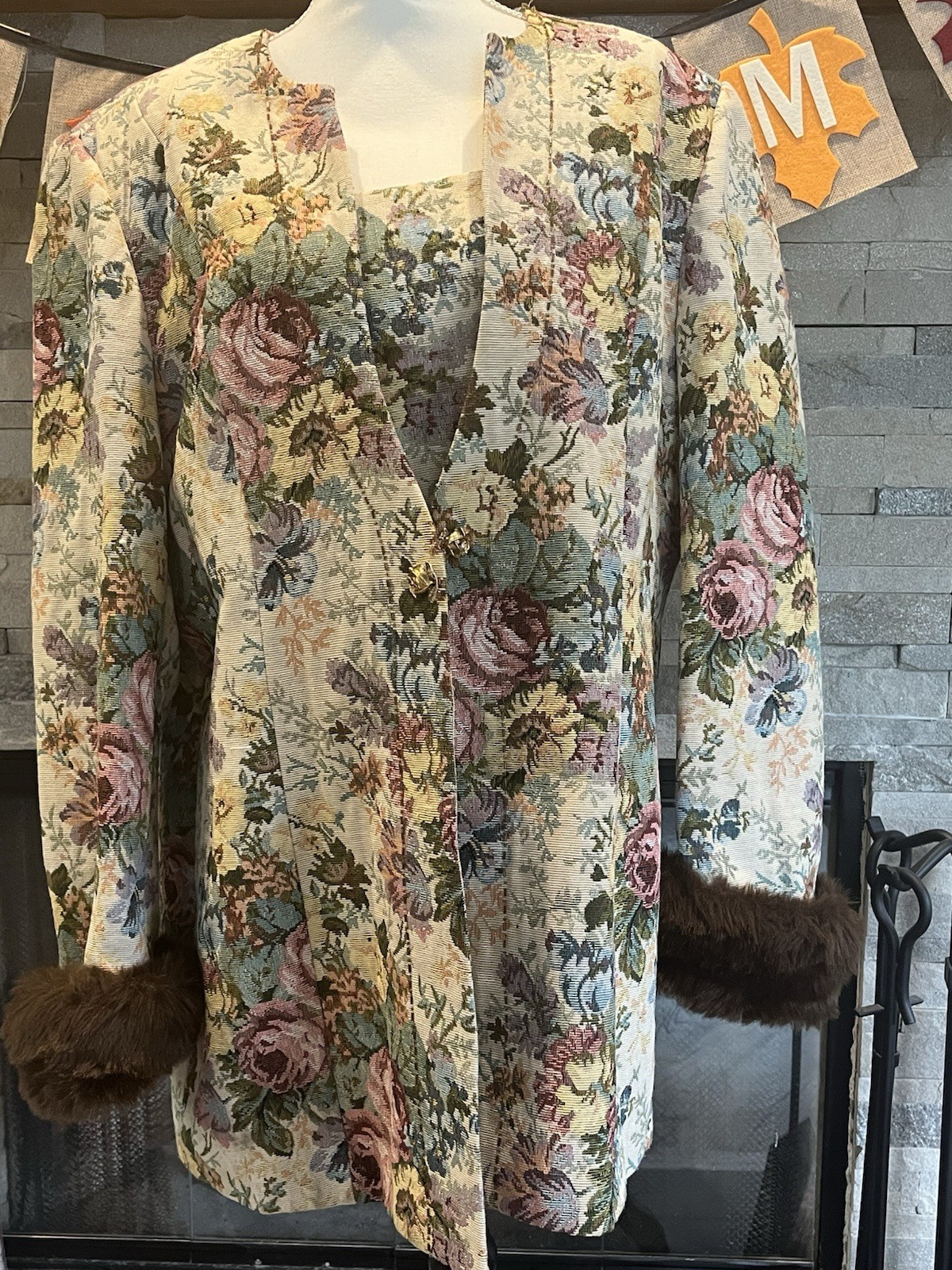 Vintage KB Stella Louise Roy Floral Tapestry Faux Fur Coat Jacket Size 22W