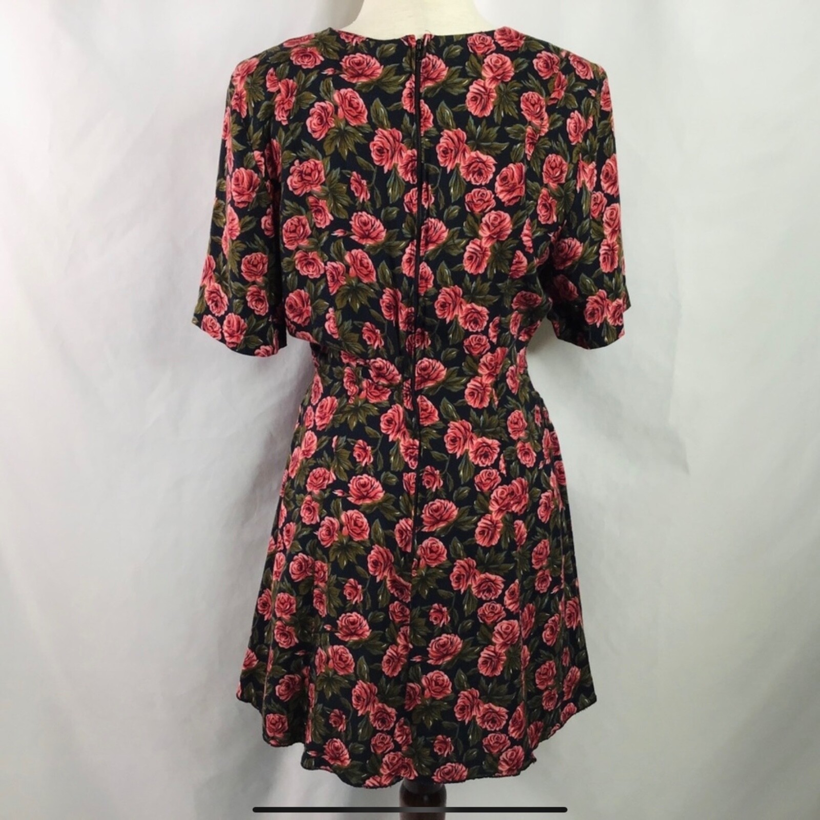 Vintage Y2K Floral Dress Size 12 Mini Rose Tie Front Black Pink Green 1990s