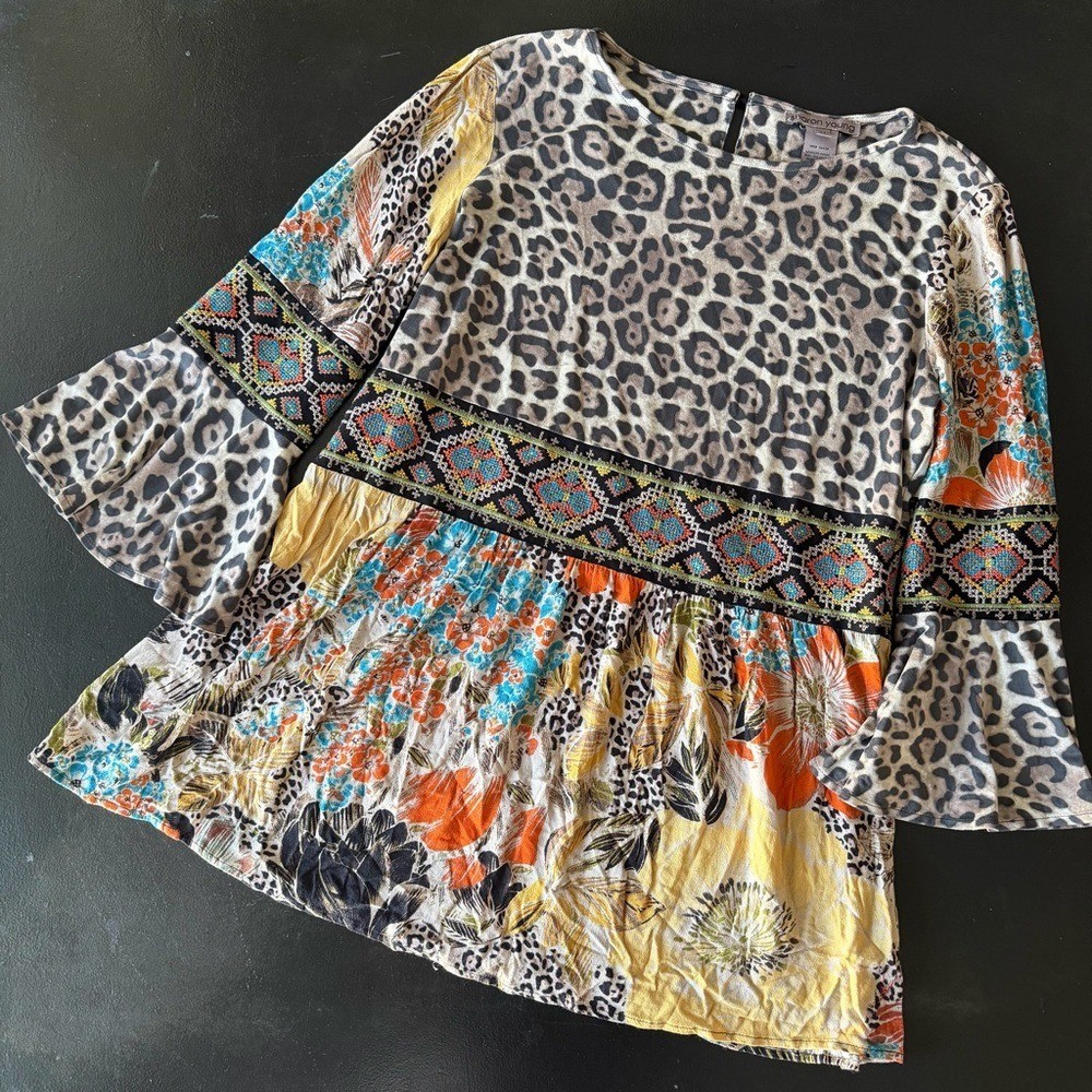 Y2K Sharon Young Leopard Peasant Fairy Floral Top Tunic Boho Vintage Boho M