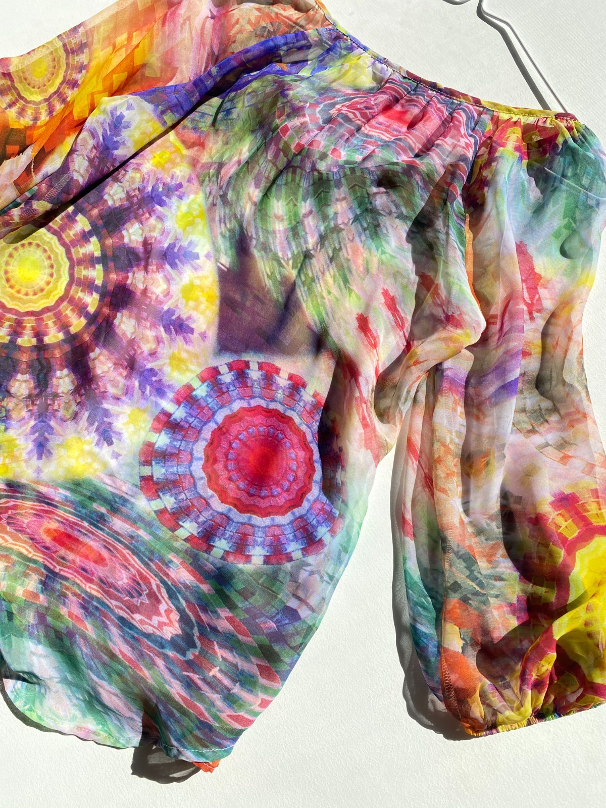 Vintage Kay Celine Top Sz S Colorful Abstract Floral Tunic Sheer Bell Artsy Boho
