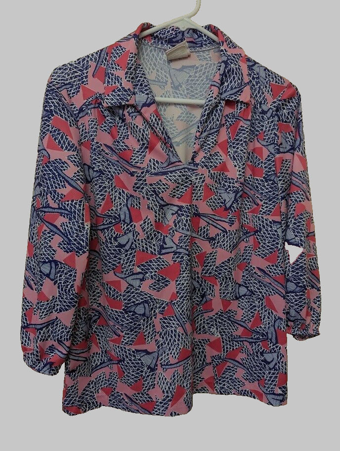 Vintage 70s Haband for Her Collared Geometric Long Sleeve Blouse Top Small Blue