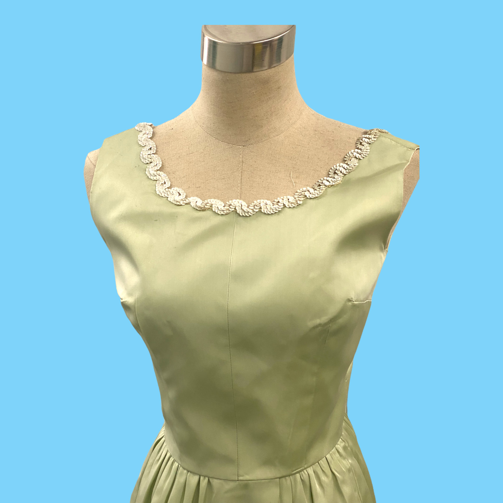 Vintage 1960s Pale Green Maxi Gown W/ Whitge Sequins Small