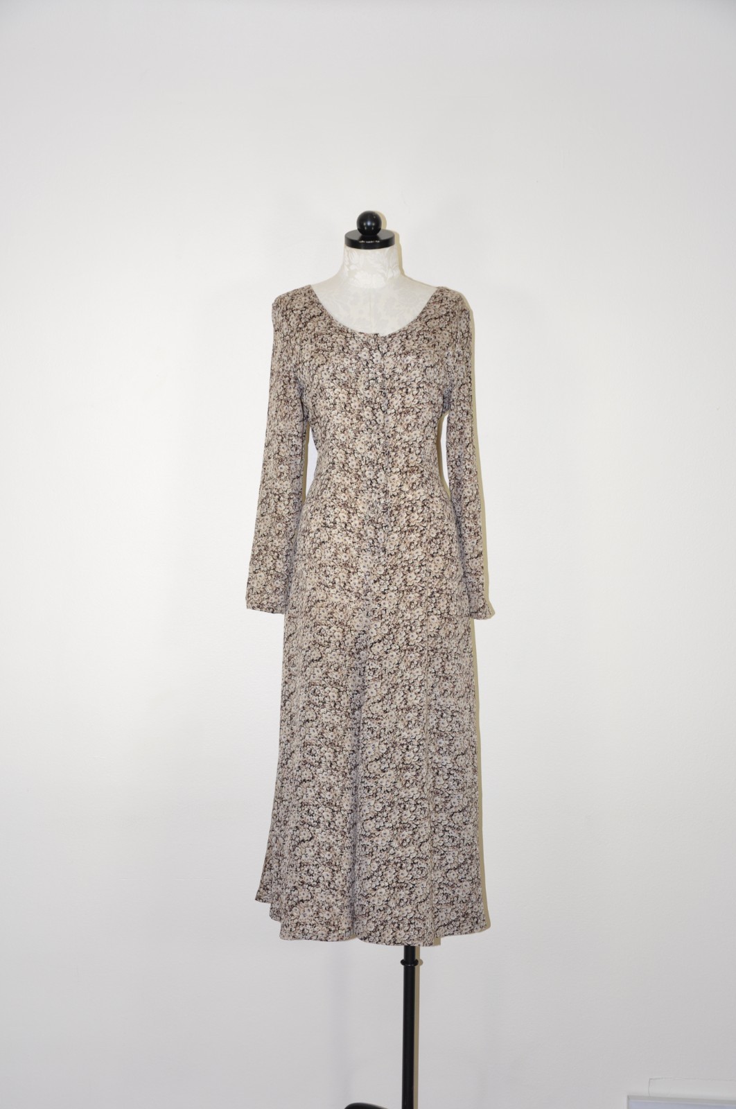 90s Vintage Brown Romantic Floral Long Sleeve Tie Back Grunge Dress Women S M