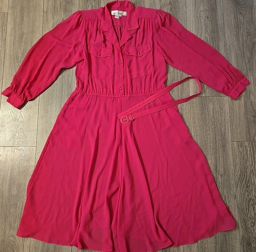 Vintage 1980s Ms Chaus Pink Belted Secretary Dress Size 12 Silky Button Down