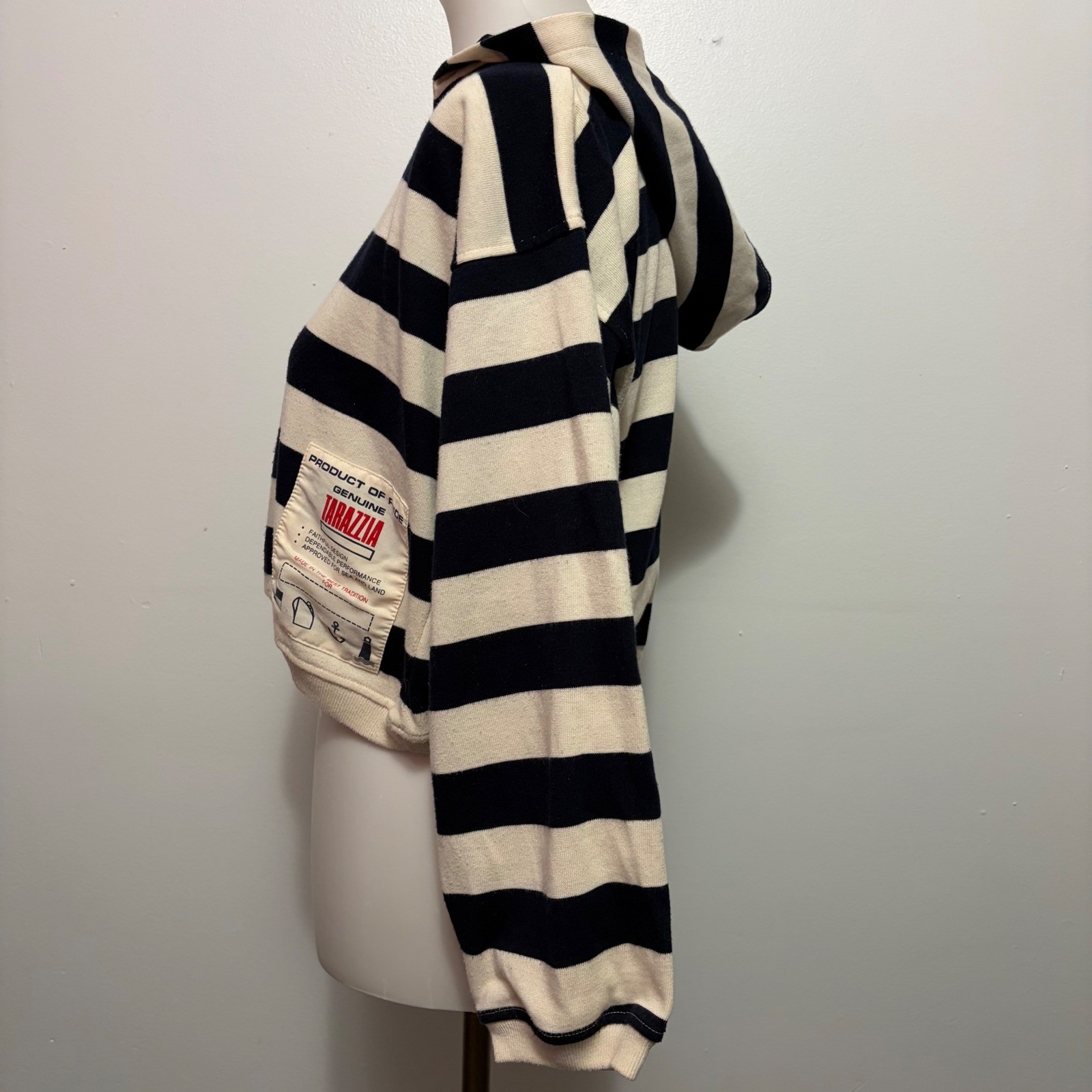 Tarazzia Sport Cropped Hoodie M Navy Cream Stripe Nautical Marin Bleu 90s French