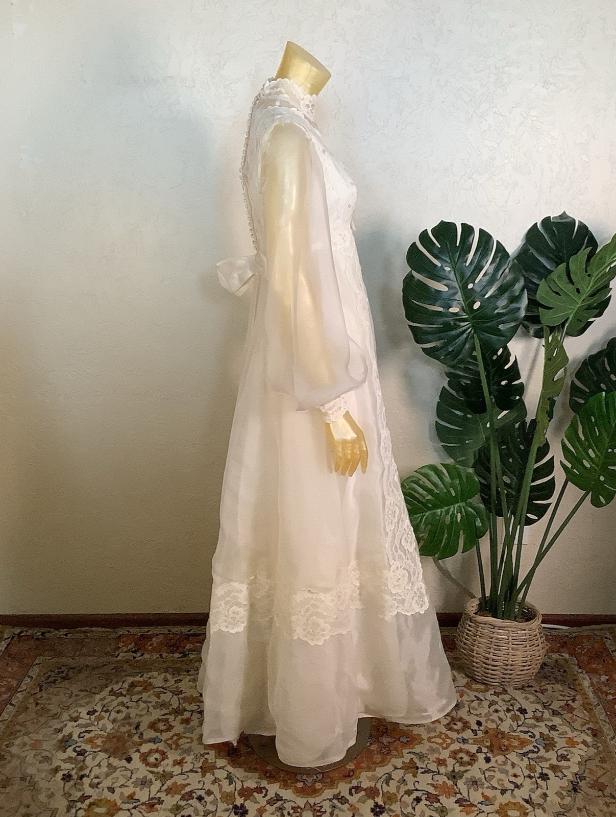 1970s Bridal Originals Regency Inspired Empire Waist Lace Wedding Dress & Train