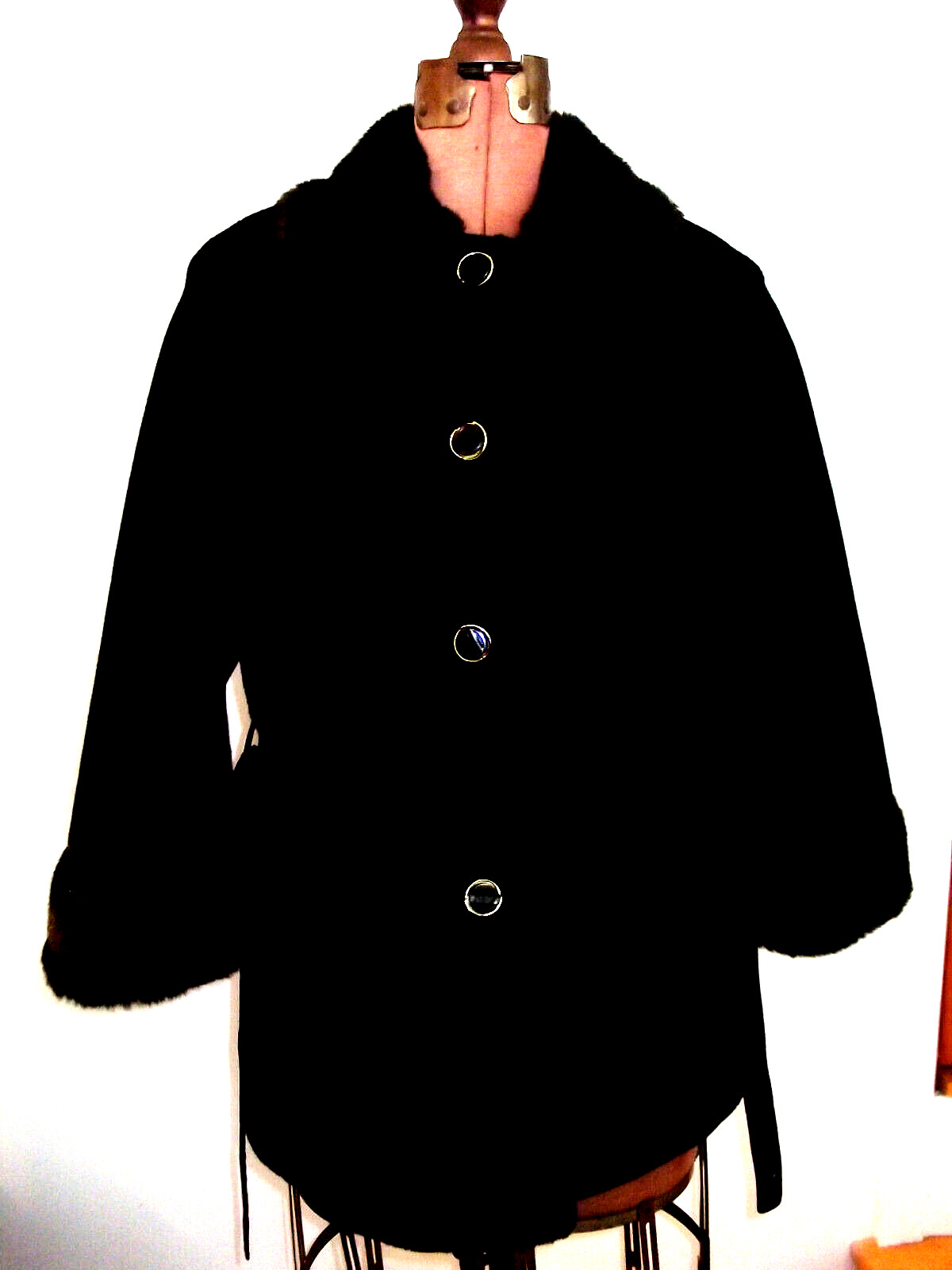 Vtg Black THICK PLUSH Faux Fur BORGAZIA Russell Taylor Belt But LINED Coat/Sz S?