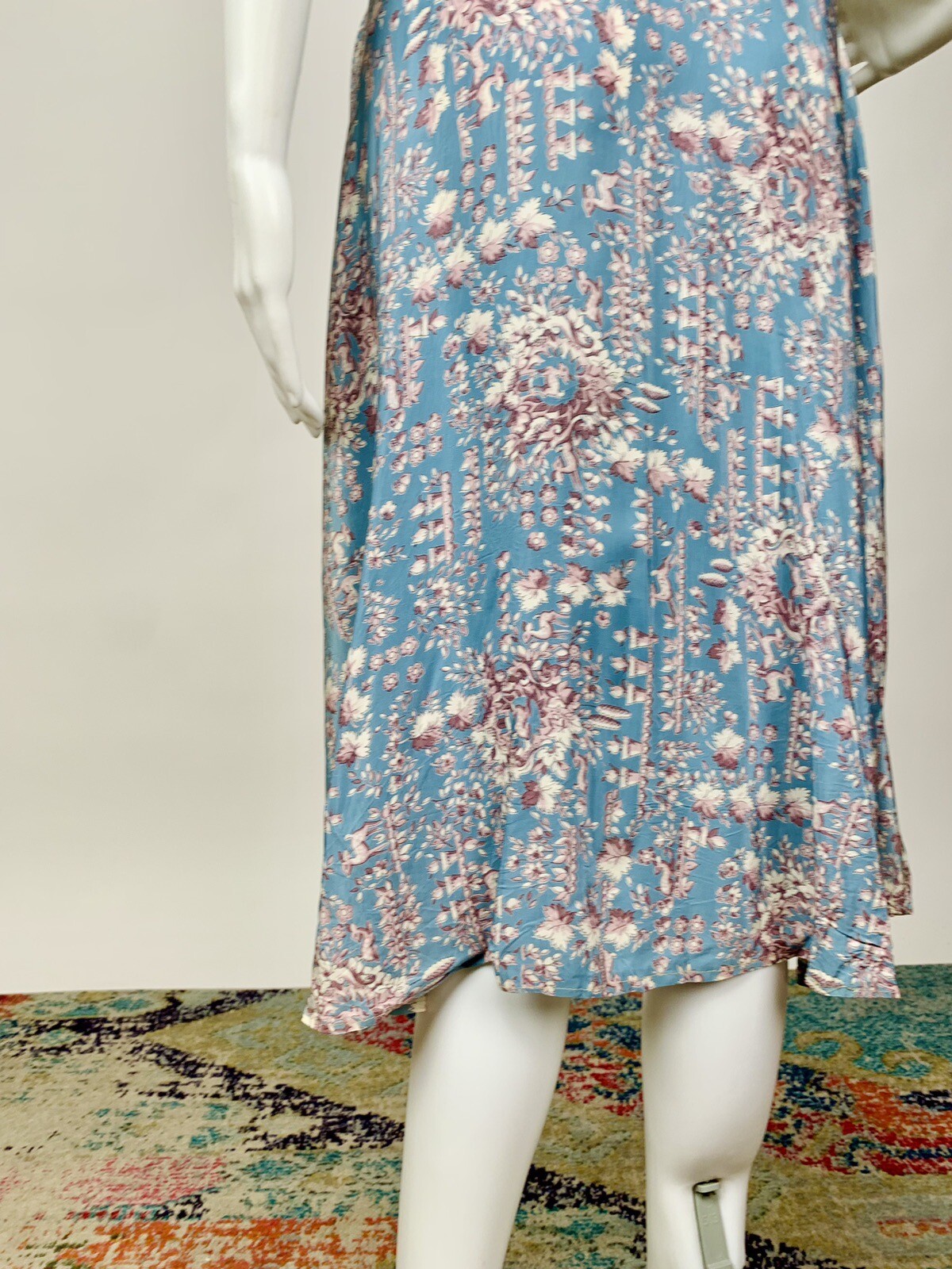 Vintage 1940s Rayon Novelty Print Shirtwaist Dress Deer Potted Flowers Blue Grey