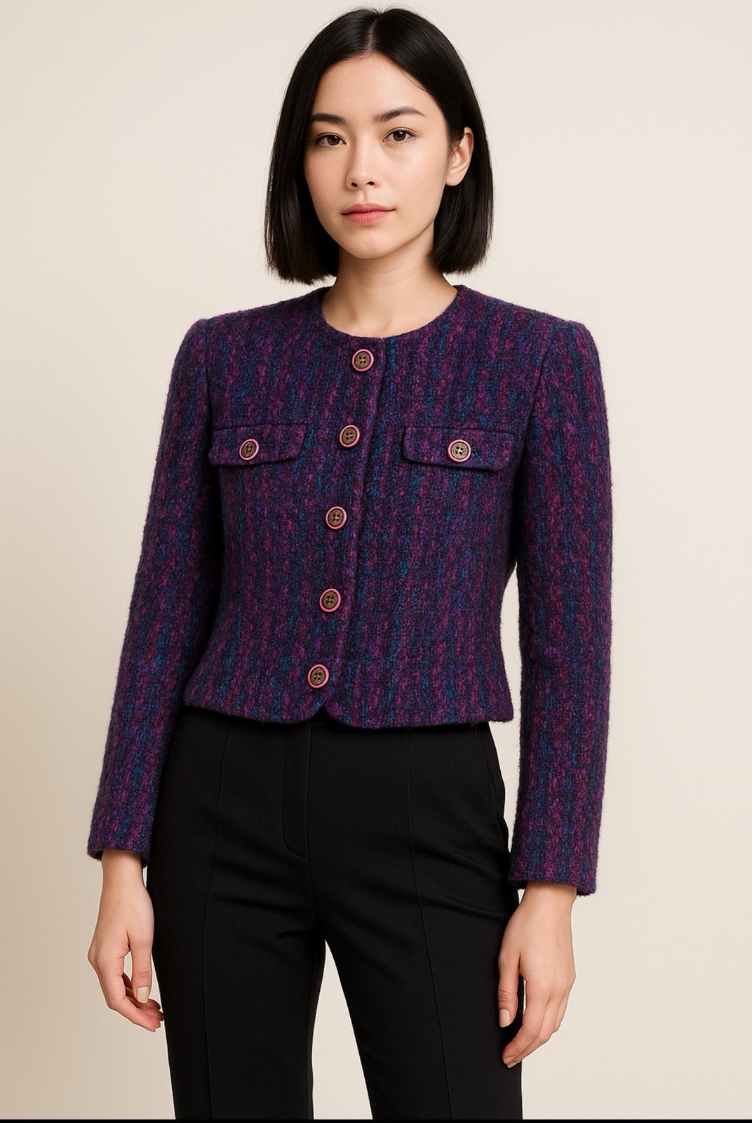 Vintage 80s Lucia Petites Purple Tweed Cropped Blazer Large Multicolored Bouclé