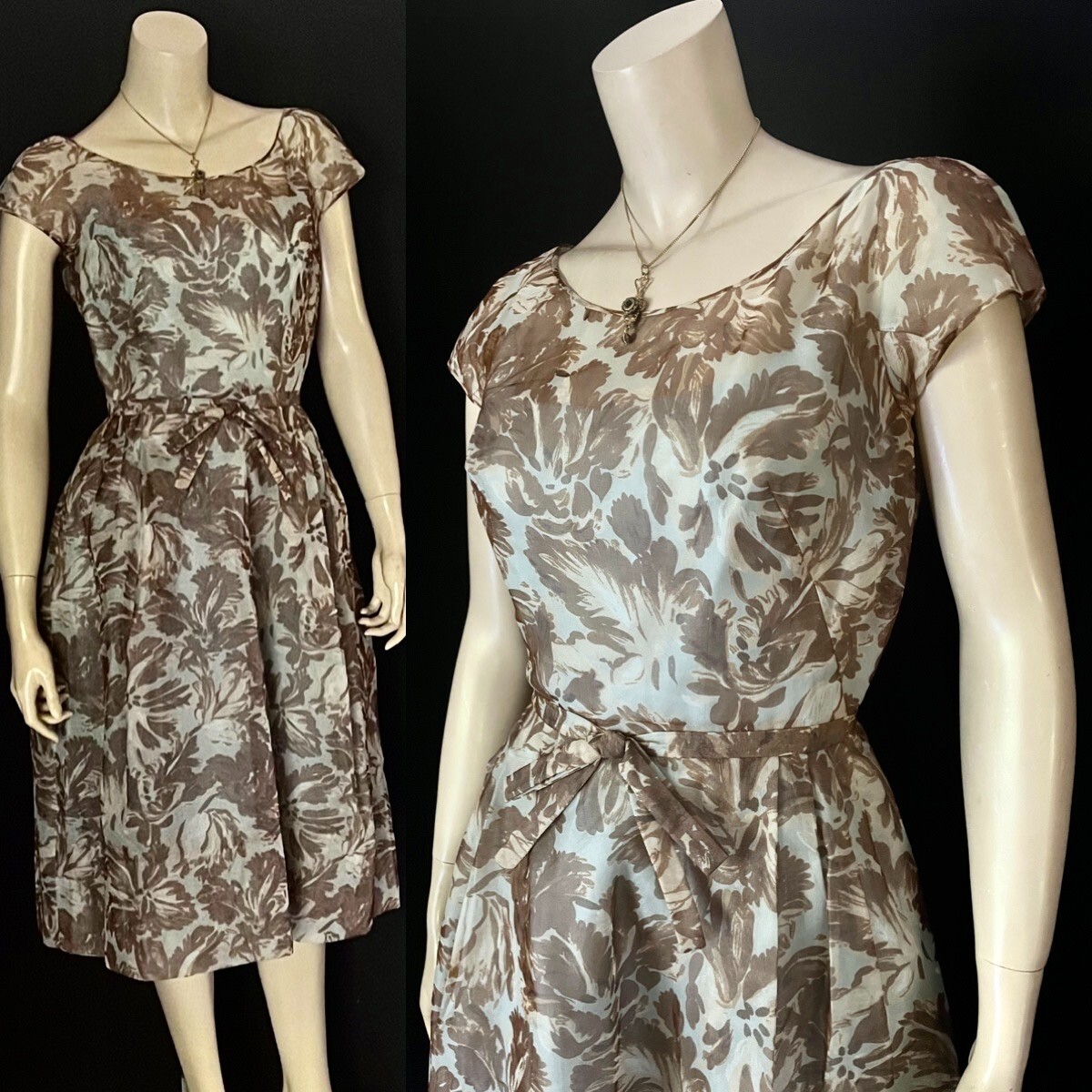 Couture Quality 1950s Silk Organza Cocktail Frock, Brown Blue Floral, P – S, Exc