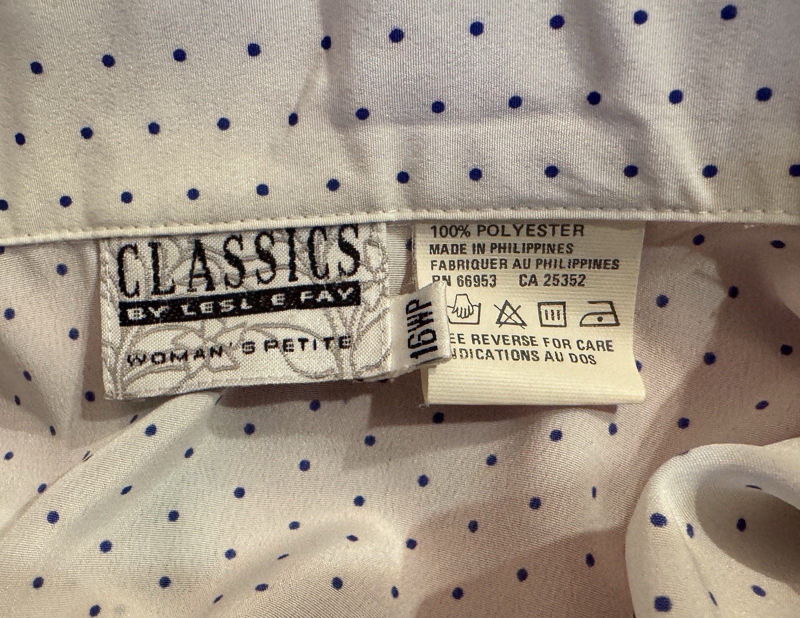 Vintage Leslie Fay Women’s Dress 16 WP Petite Blue White Dots Pleated 80s 90s