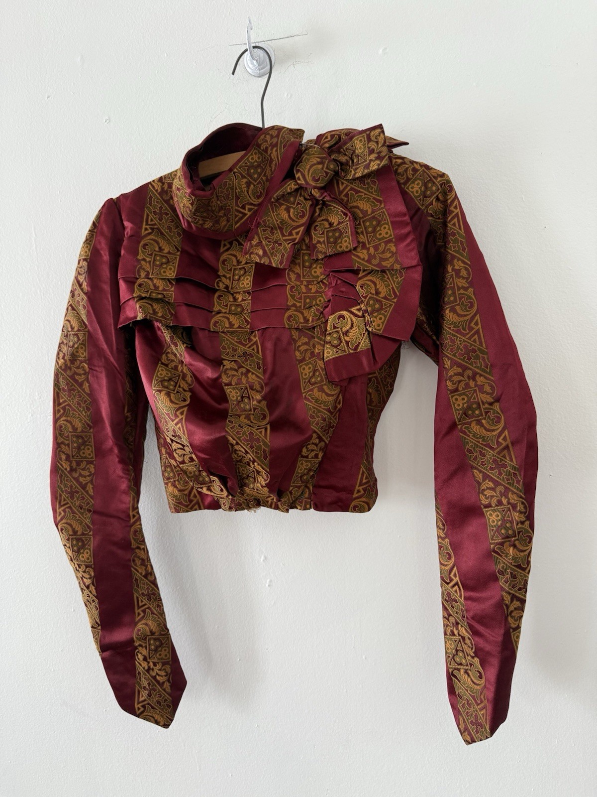 Antique Victorian Brocade Silk Satin Bodice Jewel Toned Boning 1800s XXS/XS