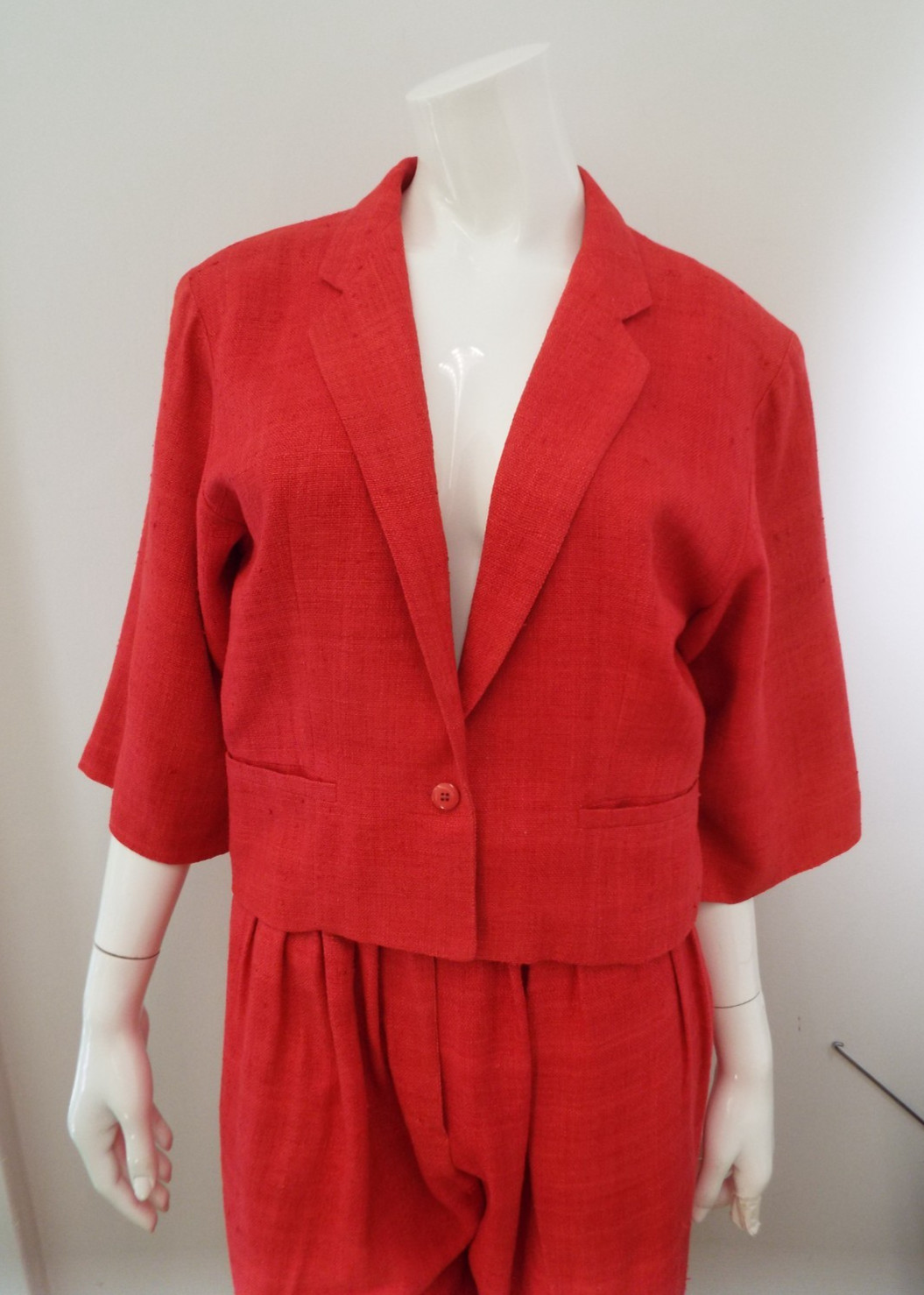 Vintage 1980s KENZO Red Silk Suit Cropped Blazer Jacket & Pleated Pants 38 Small