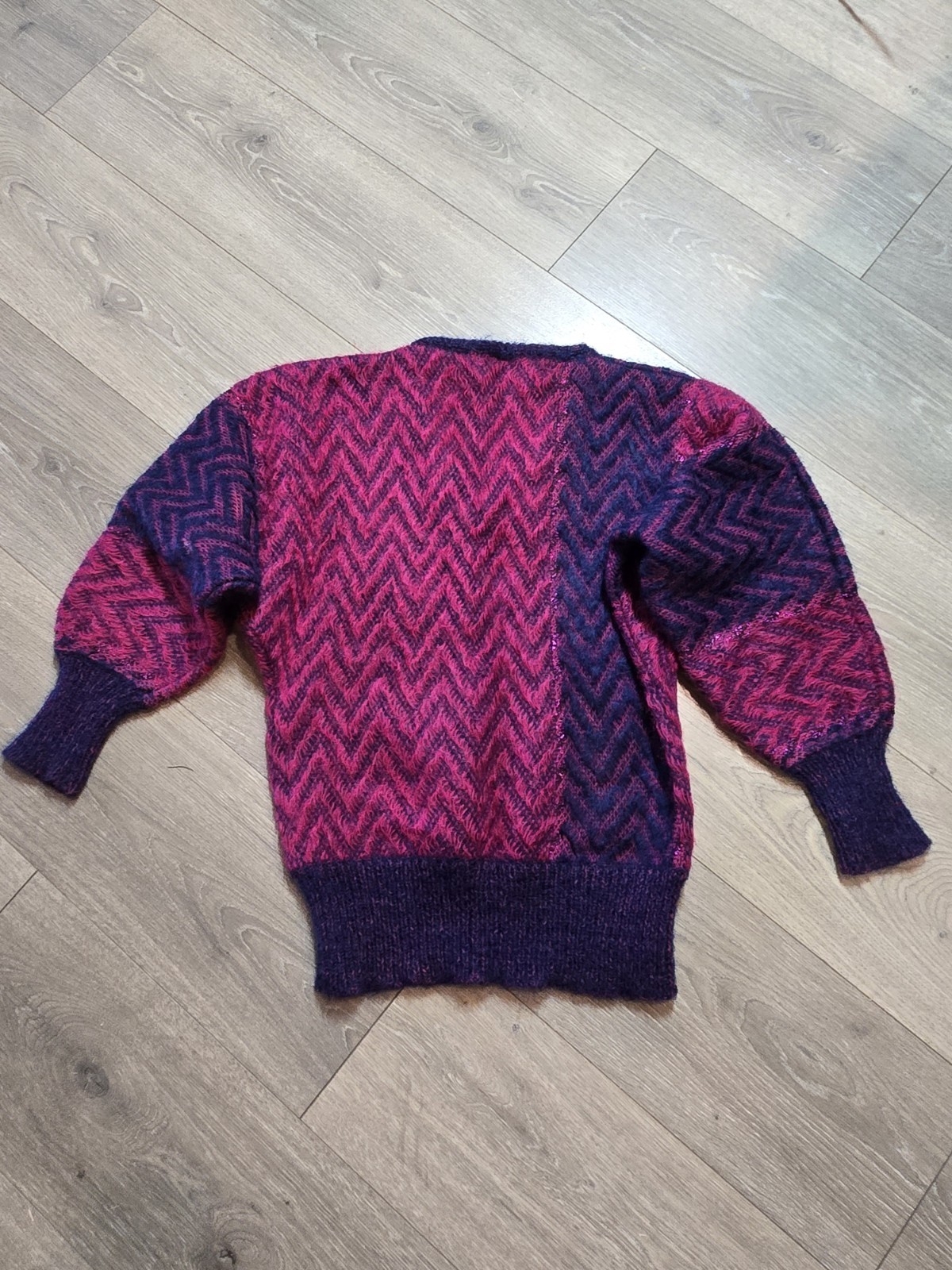 Vintage LeRoy Knitwear Wool Lurex Metallic Pink & Blue MCM Sweater Small Chevron