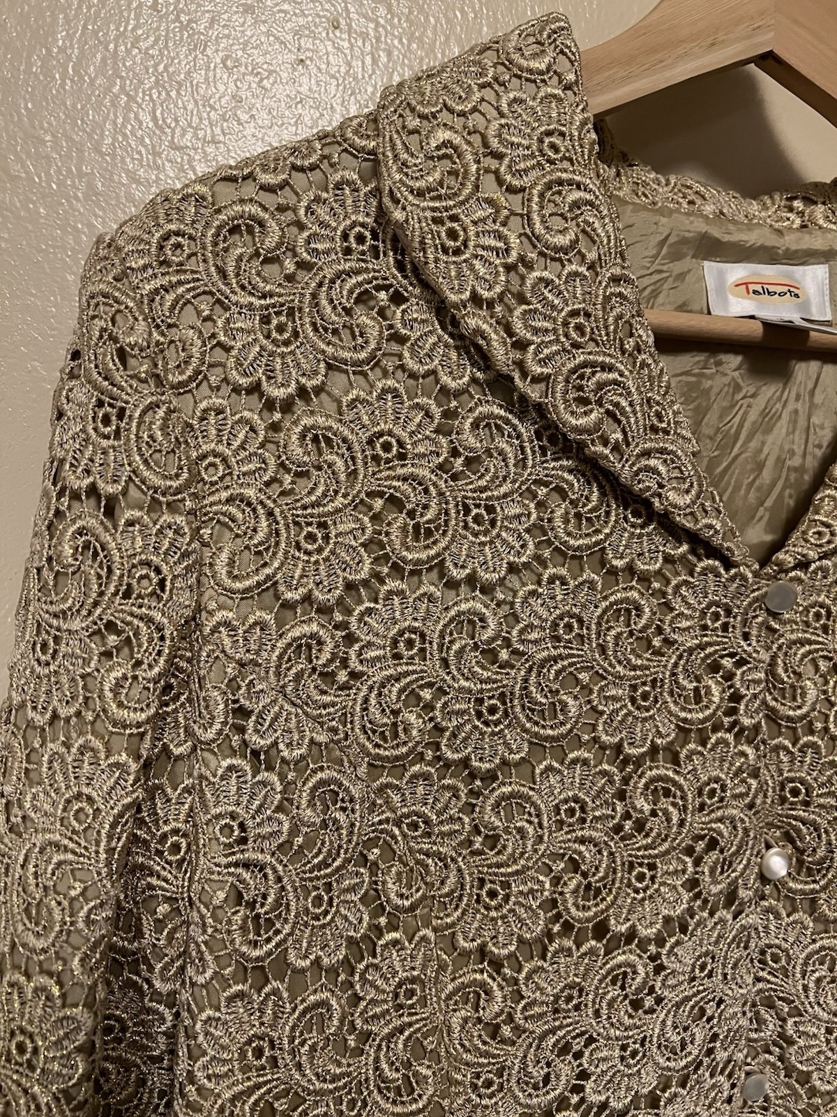 Vintage Talbots Gold Sparkle Lace 3/4 Sleeve Guipure Jacket Lined Women’s Sz 12