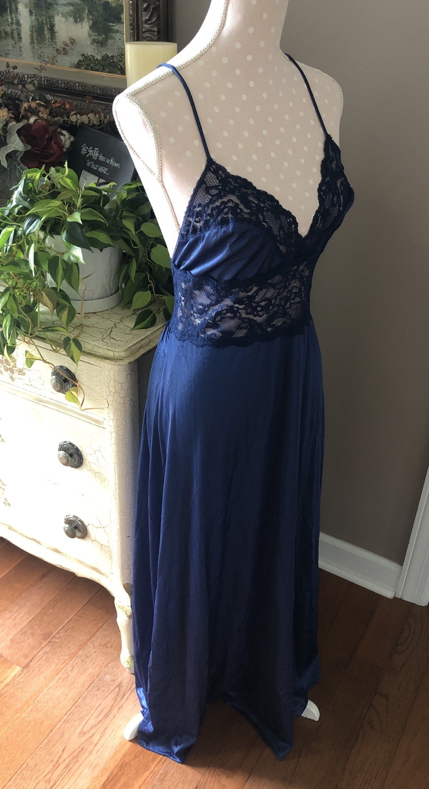 Vtg Maidenform Dreamwear Olga Like Peignoir Nightgown Robe Set Navy Blue Women L