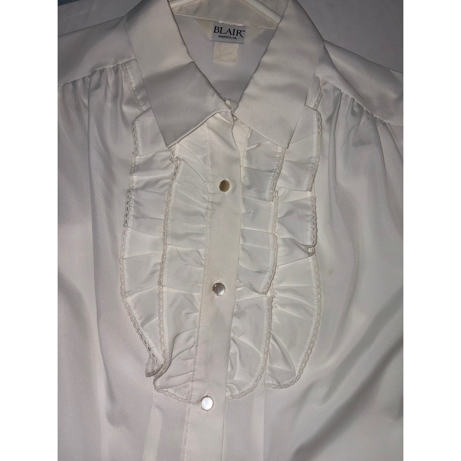 Vintage Blair White Ruffle Lace Bib Front Blouse Long Sleeve Button Down Shirt