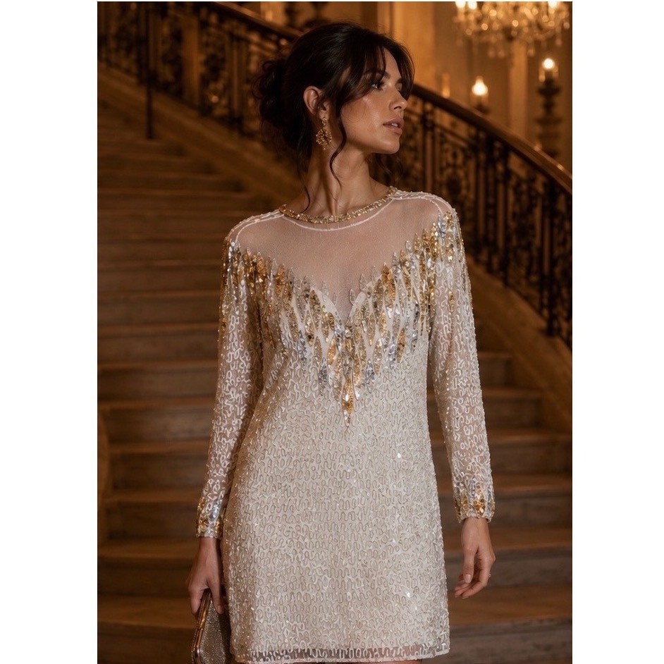 Nite Line Silk Sequin Bead Mini Dress White Gold Silver Vintage Size 6