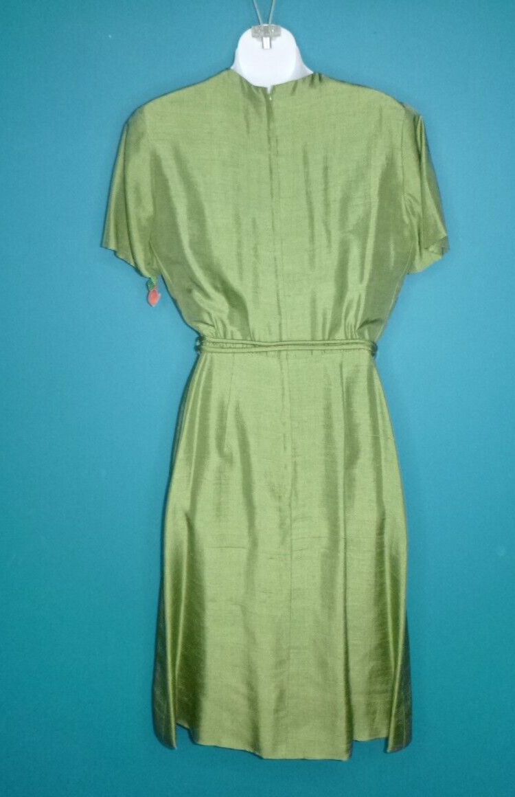 Vtg 50s 60s Mancini California Green Silk Dupioni Sheath Dress W/ Belt Sz S/M