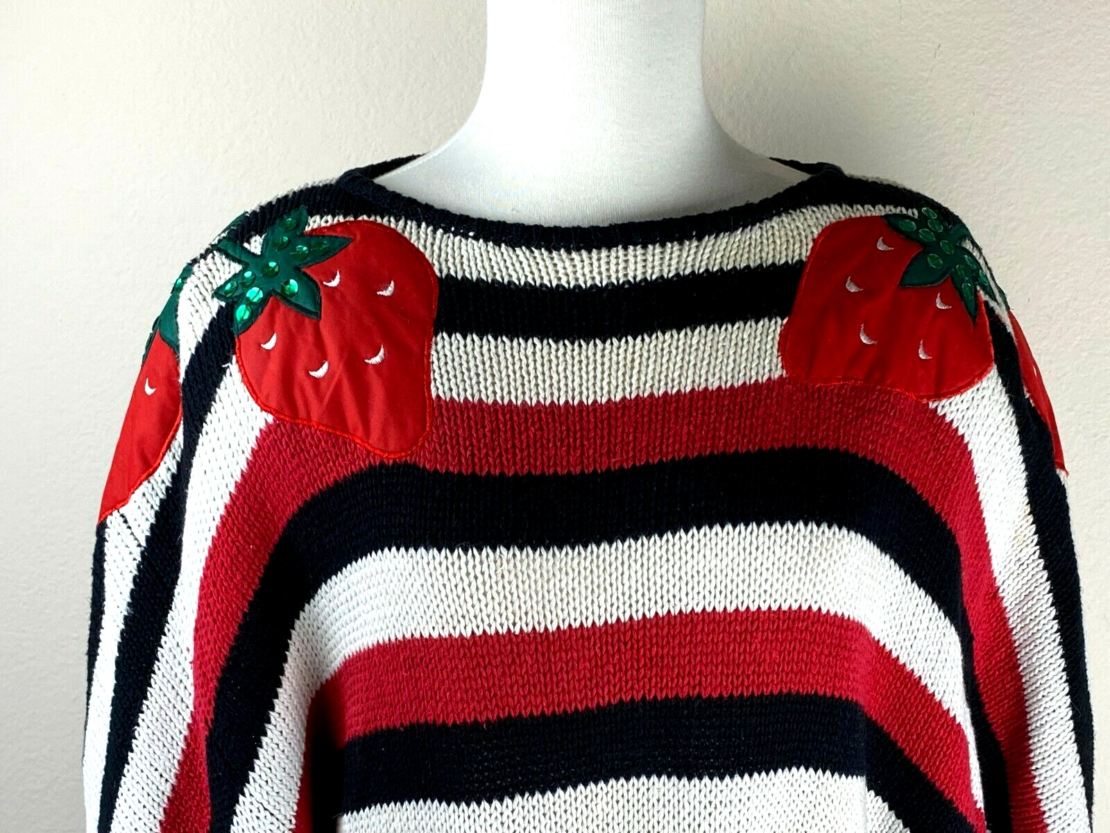 VTG 80s Bonnie Boerer Grannycore Batwing Chunky Sweater S Red Black Striped Knit