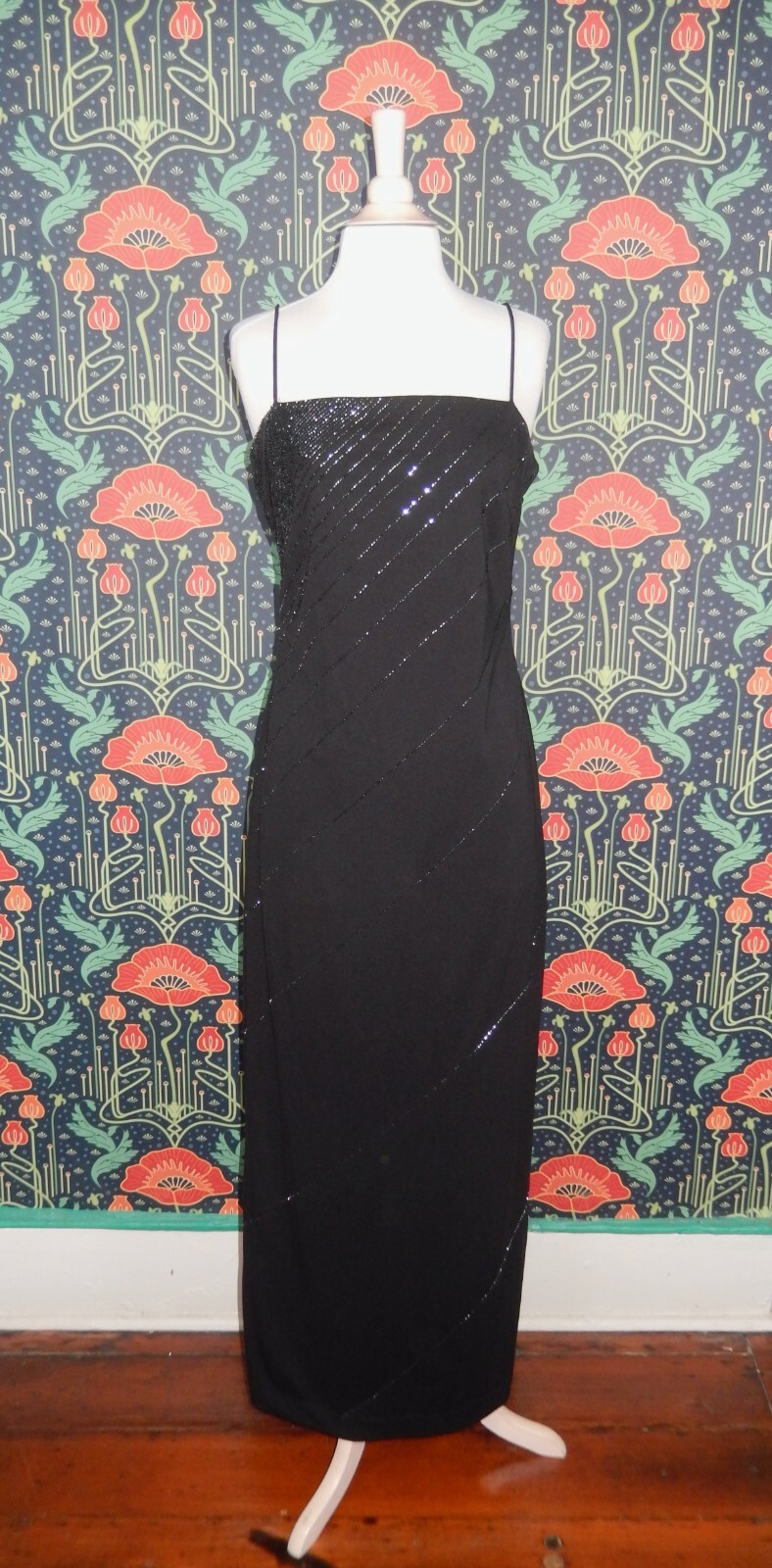Vintage 90’s Y2K Whimsigoth Black Diagonal Beaded Homecoming Prom Formal Dress