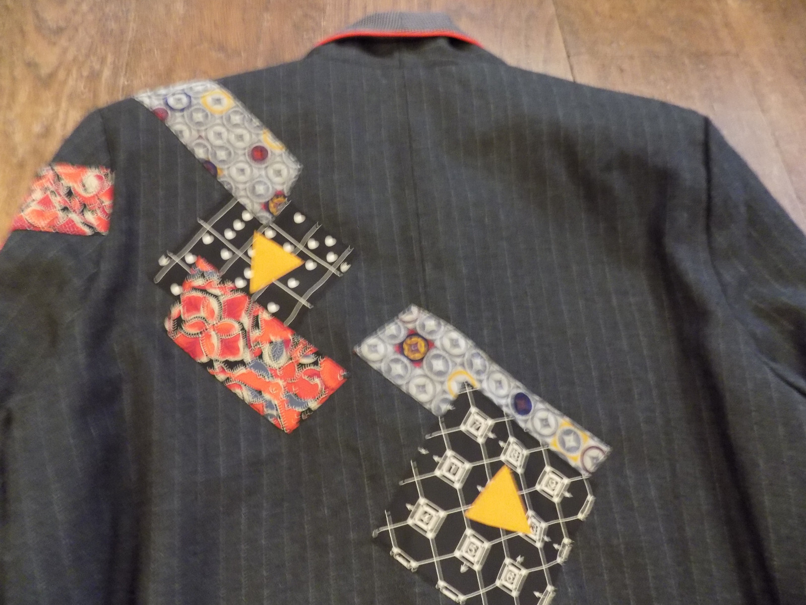 Vtg Canvasbacks Art to Wear Patchwork Blazer Pinstripe Gray Belt Suit Jacket XS
