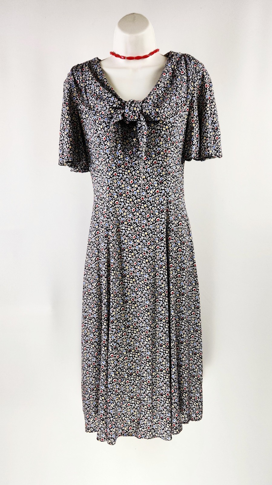 Vtg 80s 'Paris Sport Club’ Sailor midi dress ditsy floral Flutter Sleeve 30s SM