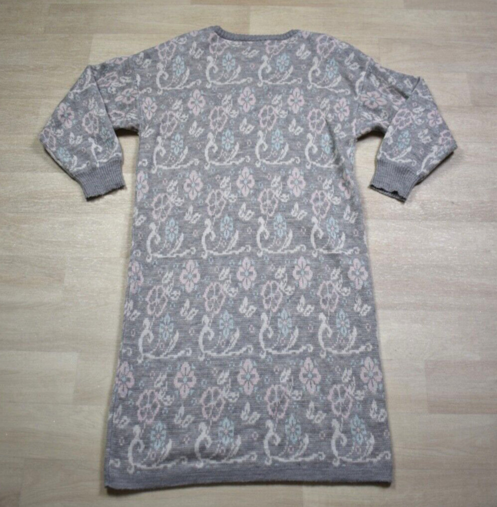 80s Sweater Dress Gray Floral Coquette Snow Bunny VTG 1980s